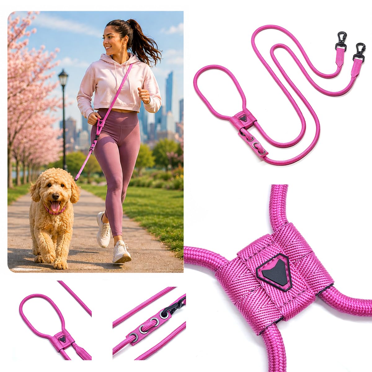 Guia Mãos Livres para Cachorros, Multifuncional, Corda 10mm, 2,4m Ajustável, para Corrida e Caminhada, Suporta até 150kg, com 2 Mosquetões de Liga de Alumínio e Zinco (ROSA)