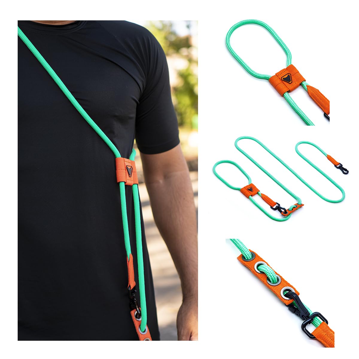 Guia Mãos Livres para Cachorros, Multifuncional, Corda 10mm, 2,4m Ajustável, para Corrida e Caminhada, Suporta até 150kg, com 2 Mosquetões de Liga de Alumínio e Zinco (VERDE ÁGUA)