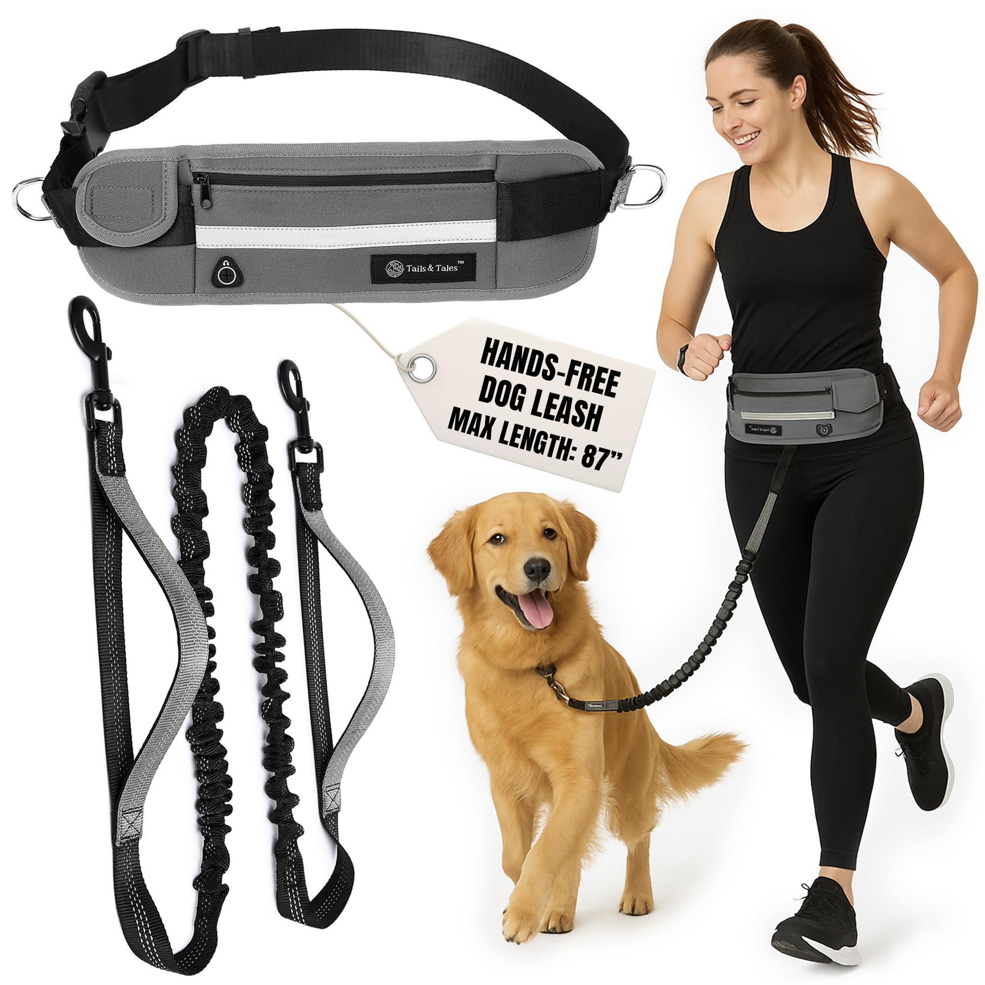Coleira de cintura mãos livres para cães, caminhadas, caminhada, cinto ajustável, alças acolchoadas duplas, design elástico refletivo para cães pequenos a grandes de 45 kg (cinza)