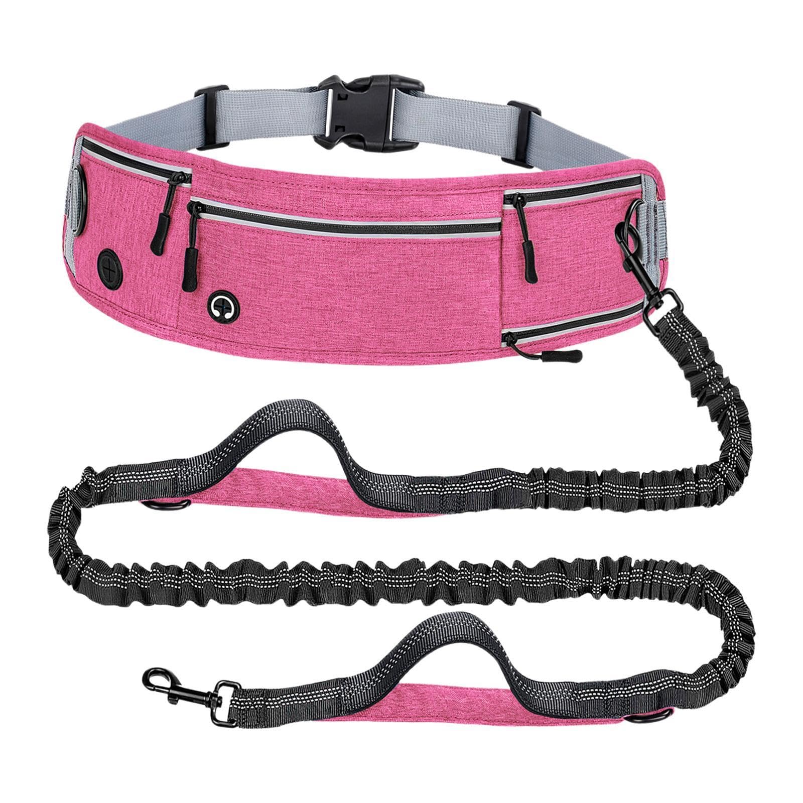 Guia para cães com mãos livres, refletora, pochete antiderrapante com bolsos e alças duplas acolchoadas para caminhadas, passeios e corridas ao ar, Rosa