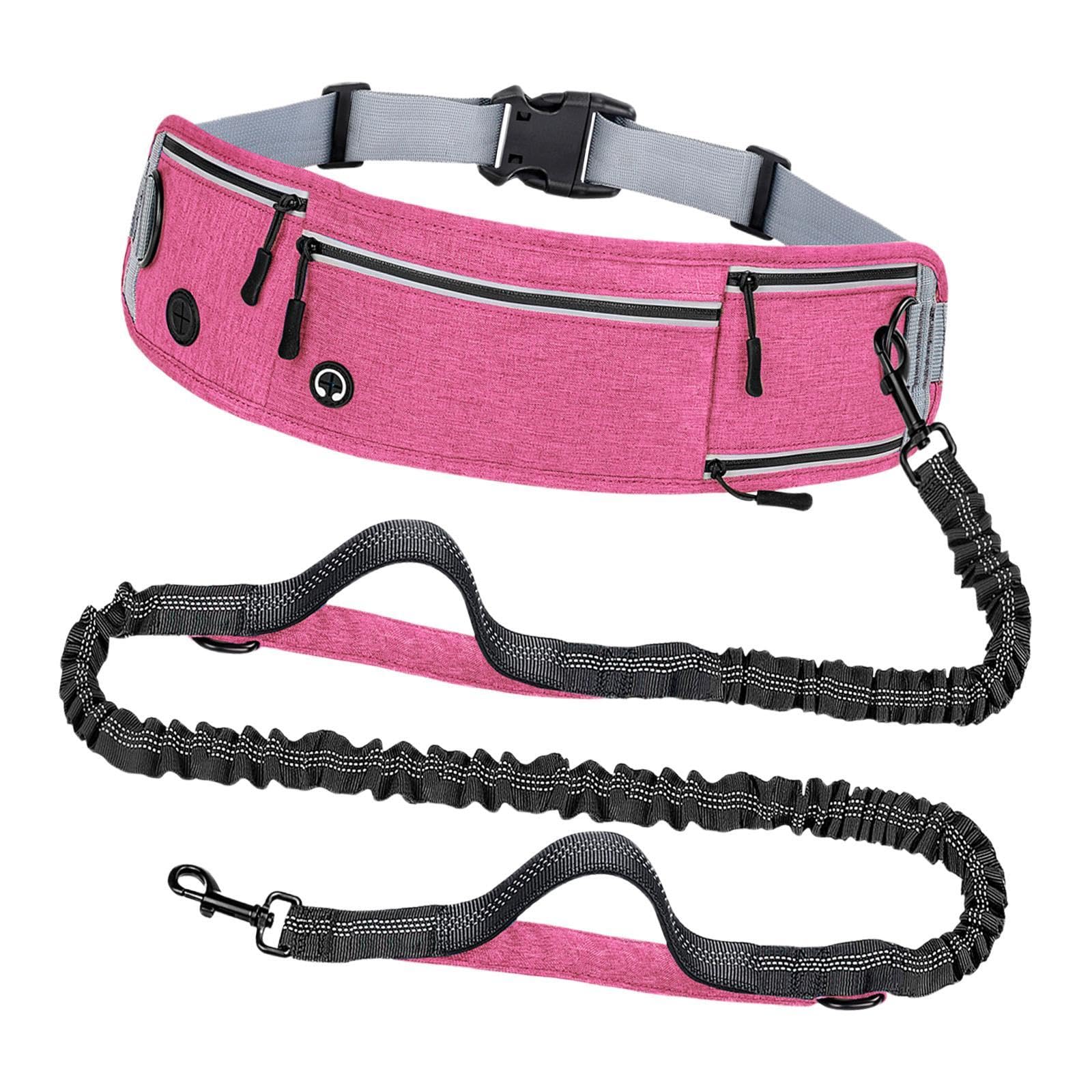 Generic Guia para cães com mãos livres, refletora, confortável, com suporte para saco de lixo e garrafa de água, alças duplas acolchoadas com bolsos para, Rosa