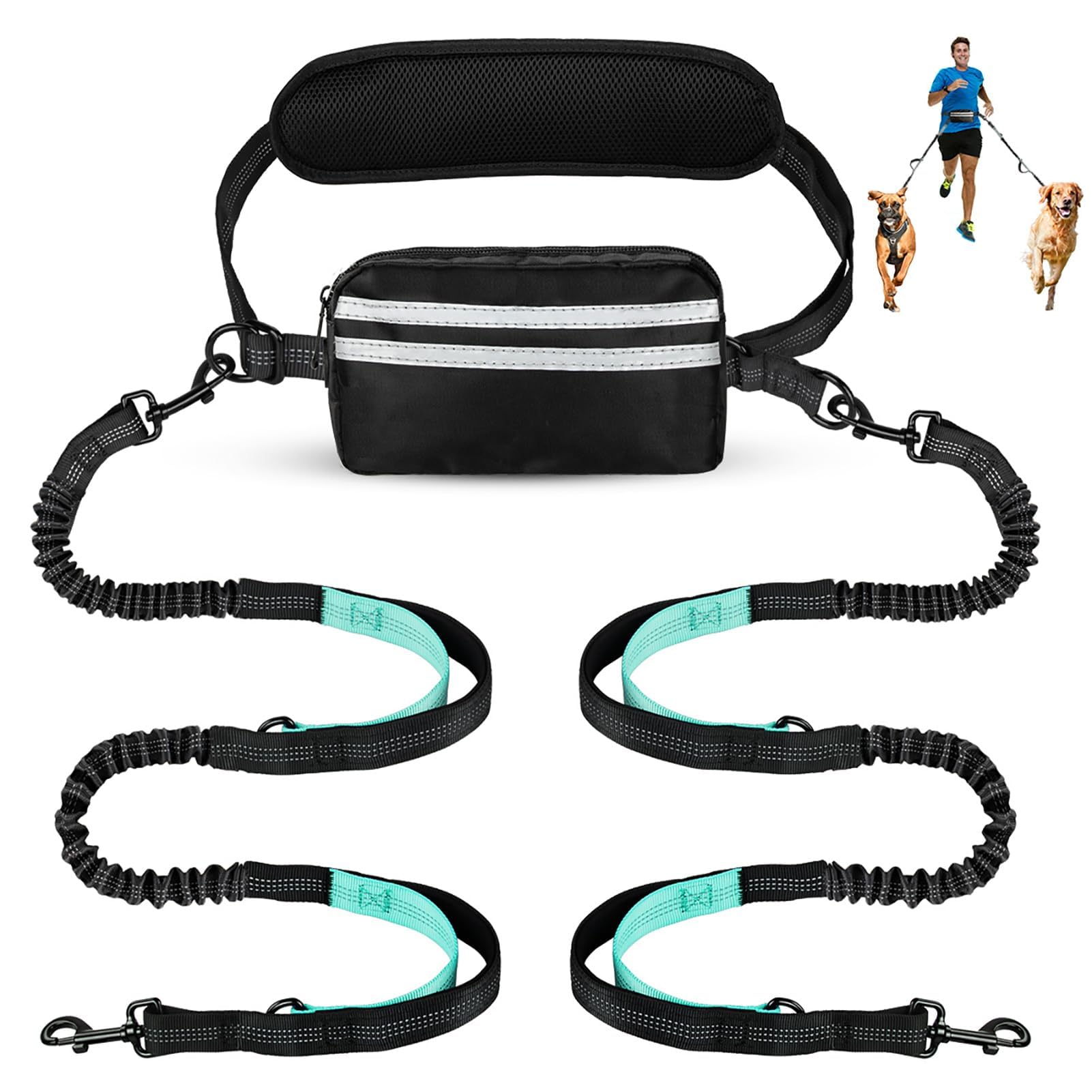 Guia dupla para cães, com alça para as mãos livres, bolsa de cintura e cinto para passear com o cachorro, ideal para corrida e outras atividades. Acessórios para passear com o cachorro (Verde)