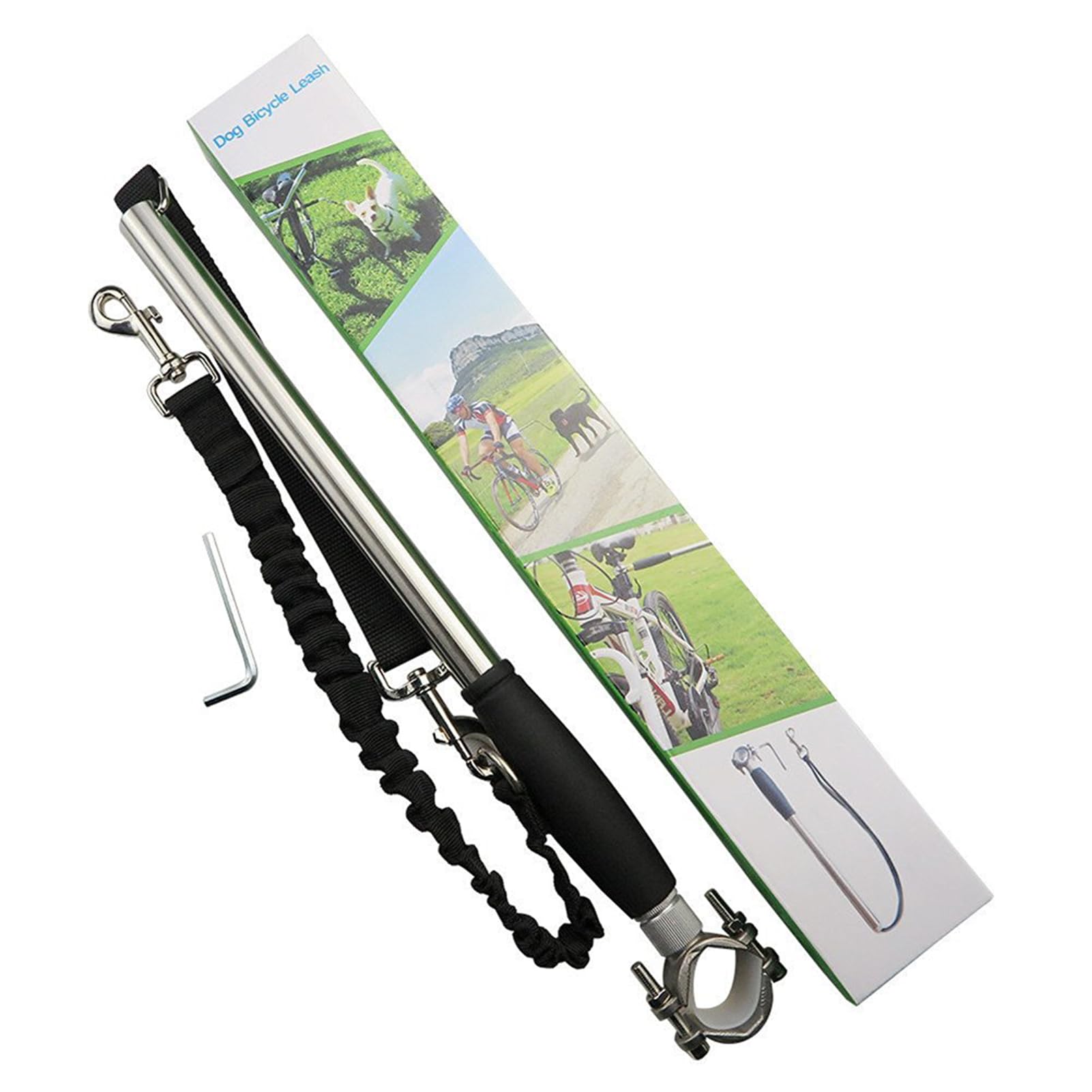 Trela de bicicleta para cães com mãos livres – fixação de trela de bicicleta de aço inoxidável com corda elástica retrátil, alça de silicone, haste de 16,5 polegadas, braçadeira
