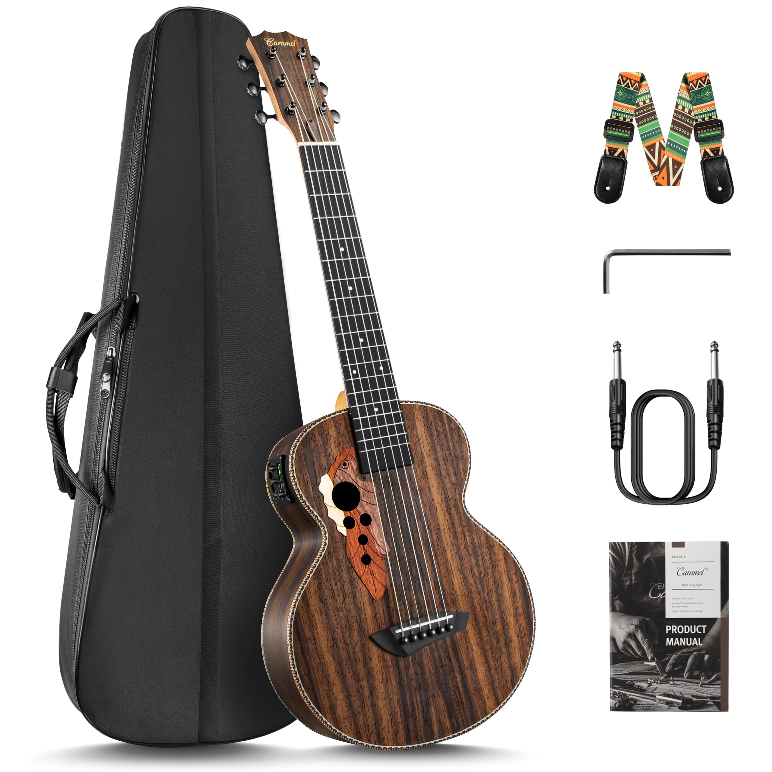Caramel CB904G Guitarra Elétrica de Madeira de Ébano de 76 cm Kit de Guitarra Pequena para Iniciante Guitarlele Conjunto de Cordas, Bolsa Acolchoada para Gig Bag, Alça e Montagem na Parede