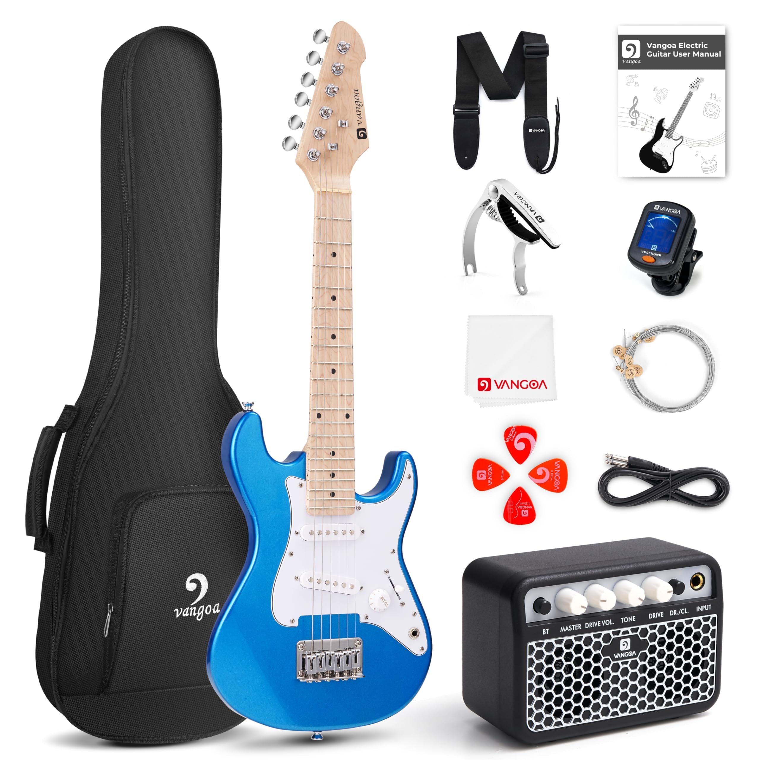 Vangoa Guitarra elétrica infantil, kit de iniciante de guitarra elétrica de 76 cm para crianças iniciantes com sintonizador digital, capo, correia, cordões, cabos, palhetas, chaves - azul