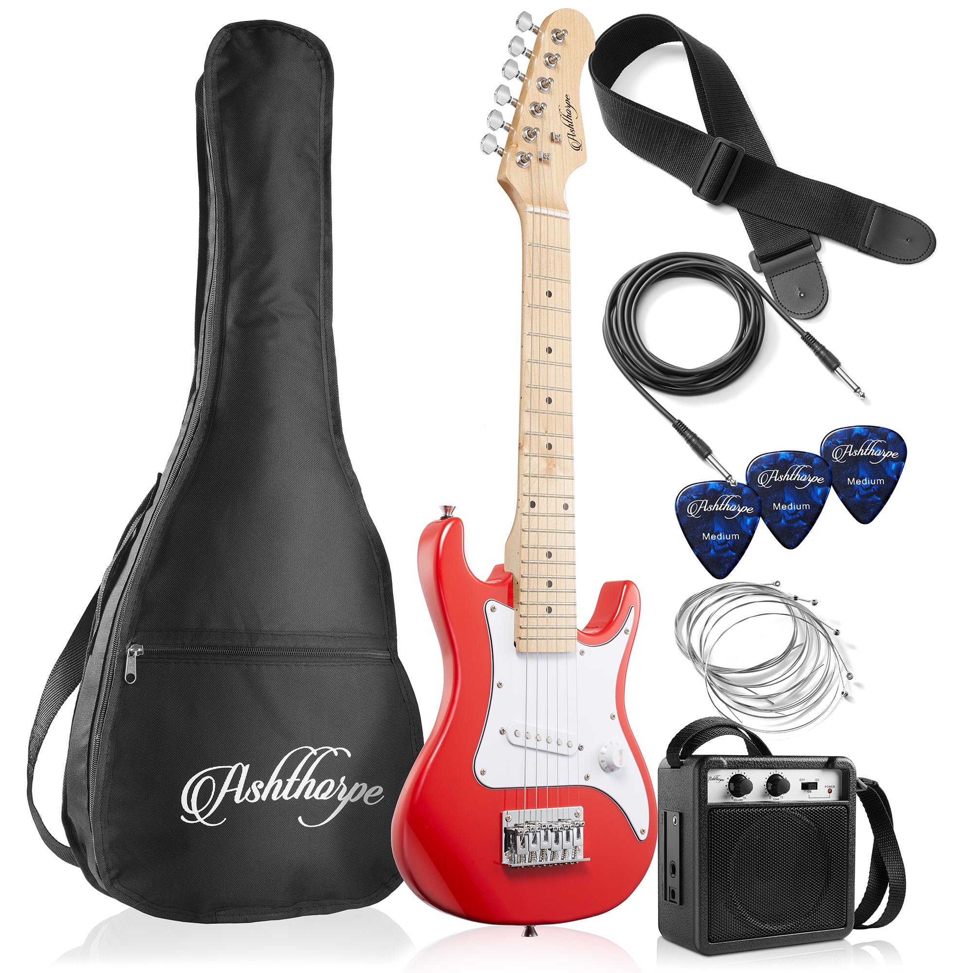 Ashthorpe Kit de guitarra elétrica para iniciantes de 30 polegadas com amplificador (vermelho), pacote básico de início com bolsa de concerto, cordas, correia, palhetas
