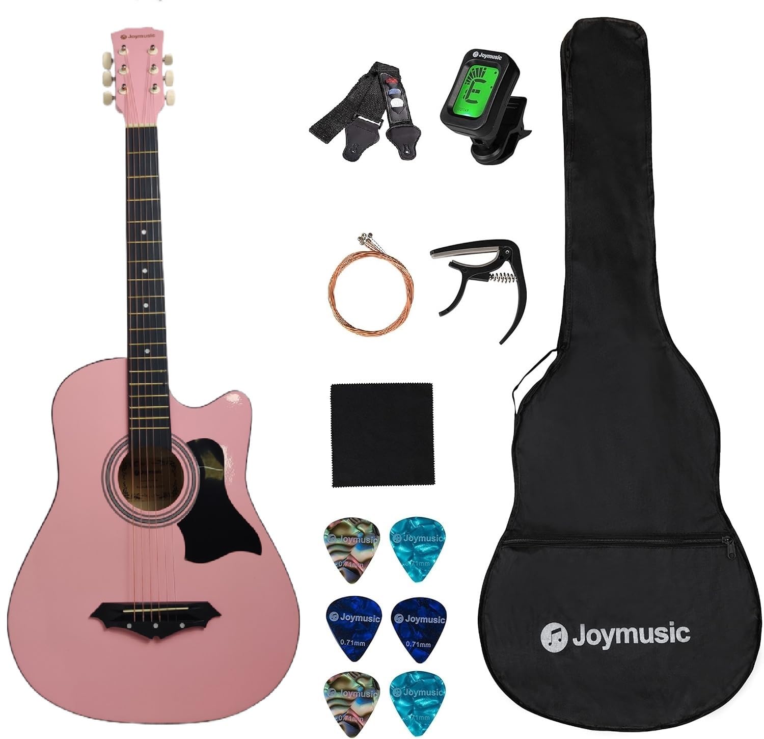 Joymusic Kit de guitarra acústica rosa para iniciantes de 96,5 cm, pacote com uma alça com suporte de palhetas, afinador digital, conjunto de cordas, capo, pano de limpeza, 6 palhetas e bolsa de show.