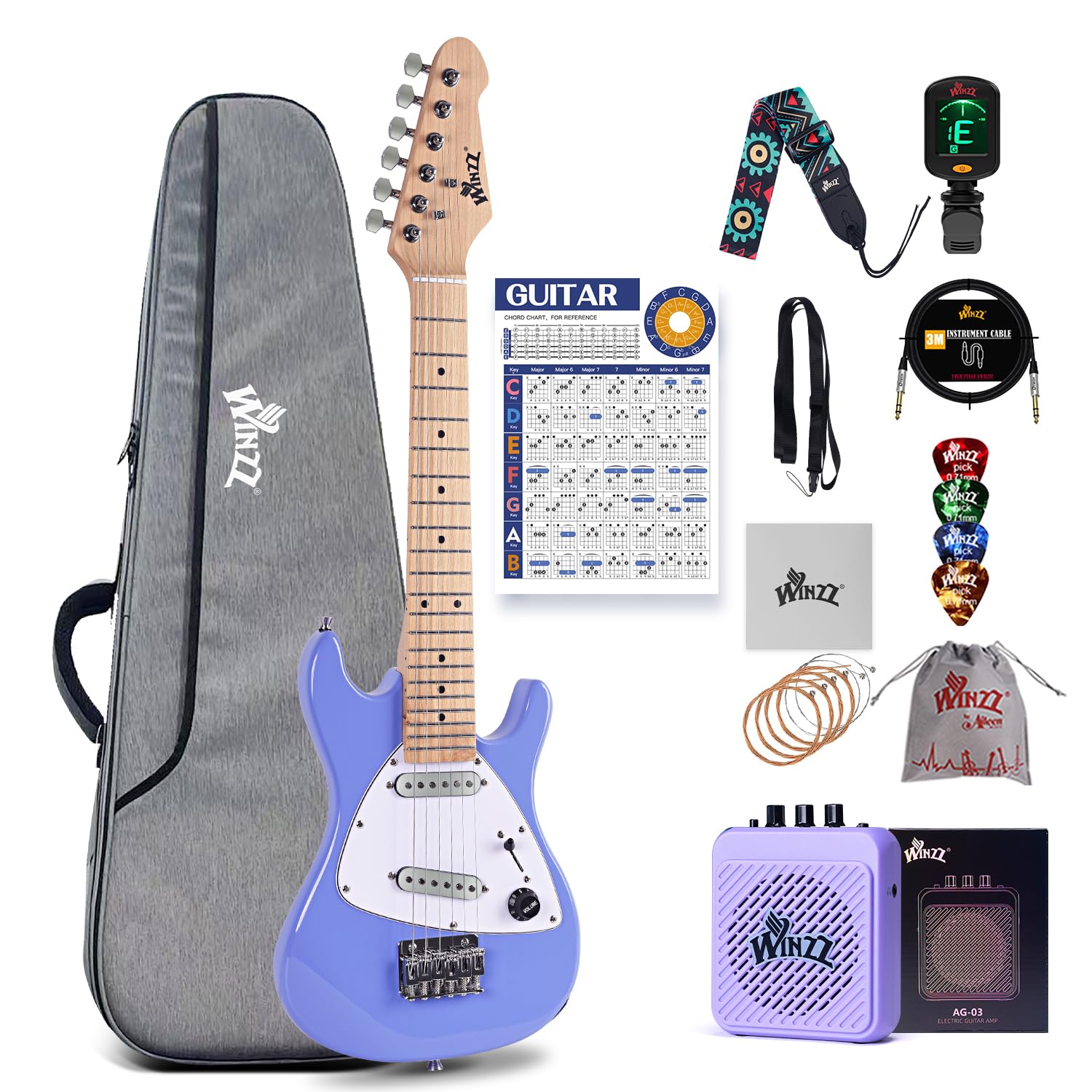 Kit de guitarra elétrica infantil de 30 polegadas da Winzz, guitarra elétrica mini tamanho 1/4 para crianças, conjunto completo de iniciante com amplificador, cor roxo brilhante