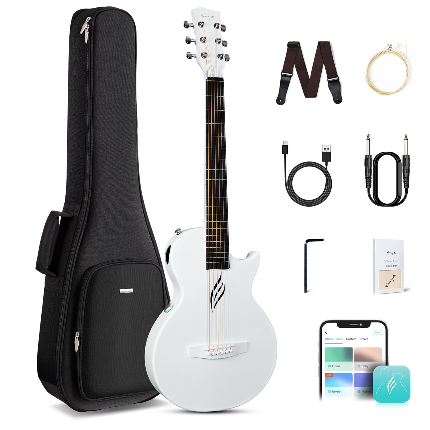 Enya Guitarra de viagem NOVA GO SP1 de fibra de carbono – elétrica acústica de 89 cm com tecnologia Smart AcousticPlus, efeitos integrados, gravação USB, alto-falante Bluetooth, pacote para iniciantes