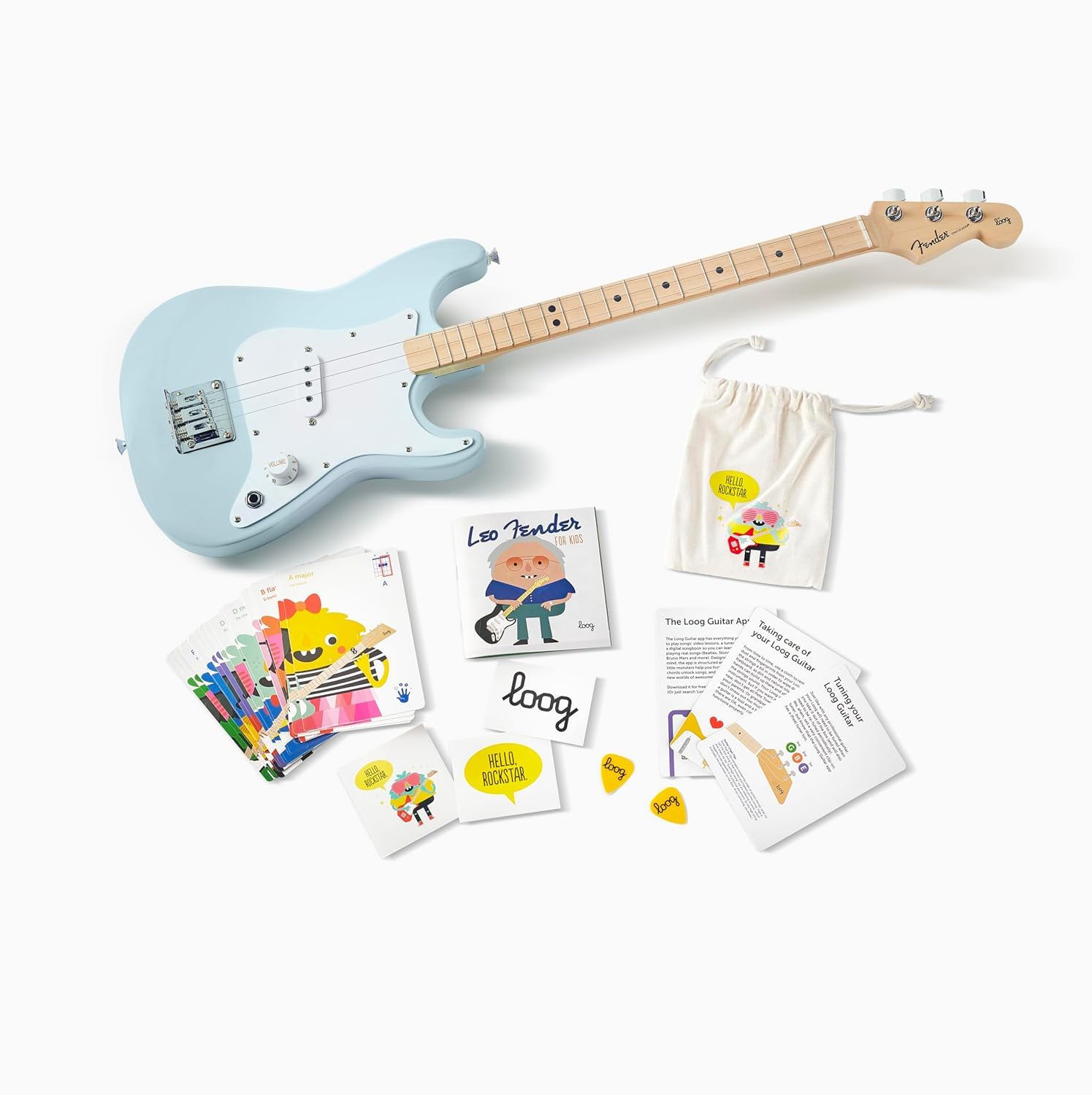 Fender Guitarra elétrica Loog Stratocaster de 3 cordas para crianças, guitarra iniciante, inclui cartões de memória de acordes, aplicativo de aprendizagem, livreto educacional, palhetas e adesivos