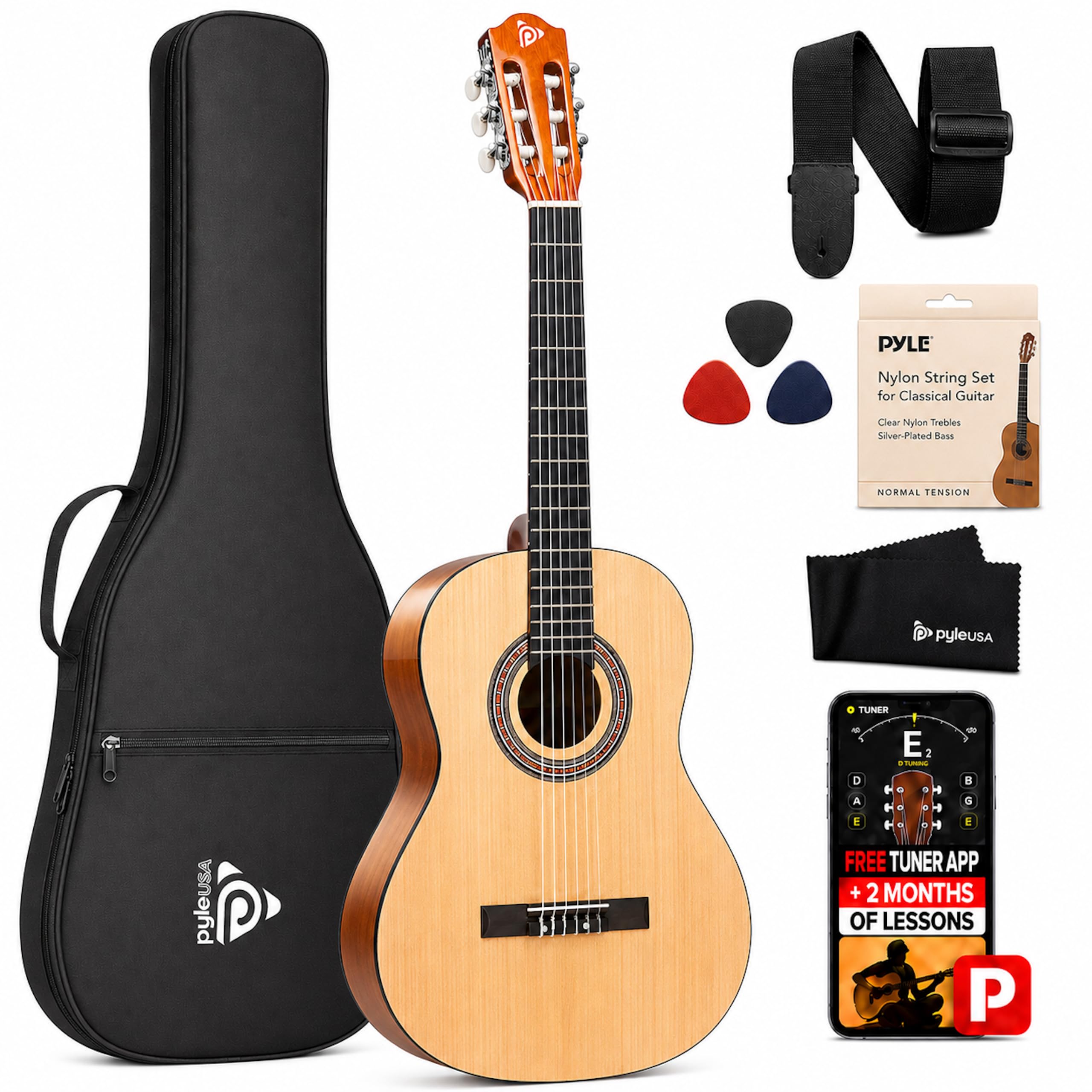Guitarra Acústica Clássica Iniciante 76.2 cm - 1/4 Junior Tamanho 6 Cordas Madeira Linden Guitarra com Gig Bag, Afinador, Cordas de Nylon, Palhetas, Alça, Para Iniciantes, Adultos - Pyle PGACLS30