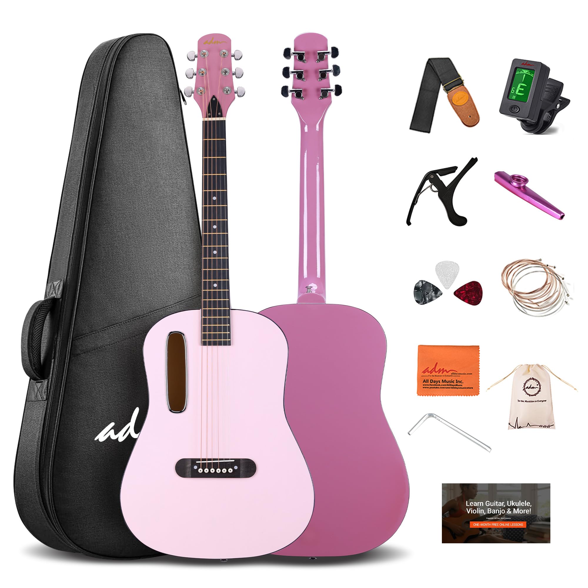 ADM Kit iniciante de guitarra acústica para adolescentes adultos 96,5 cm corda de aço Dreadnought Acustica pacote com conjunto de lição on-line para iniciantes pacote com bolsa, alça, palhetas, capos