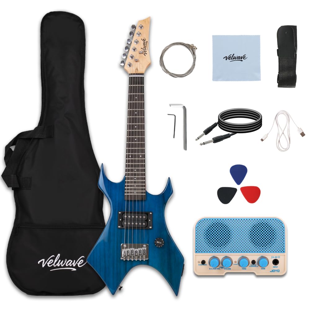 Mini kit de guitarra elétrica de formato único com amplificador Bluetooth recarregável de 5 W 76 cm para crianças de 76 cm, chaves de corda, palhetas, pacote completo (azul trans)