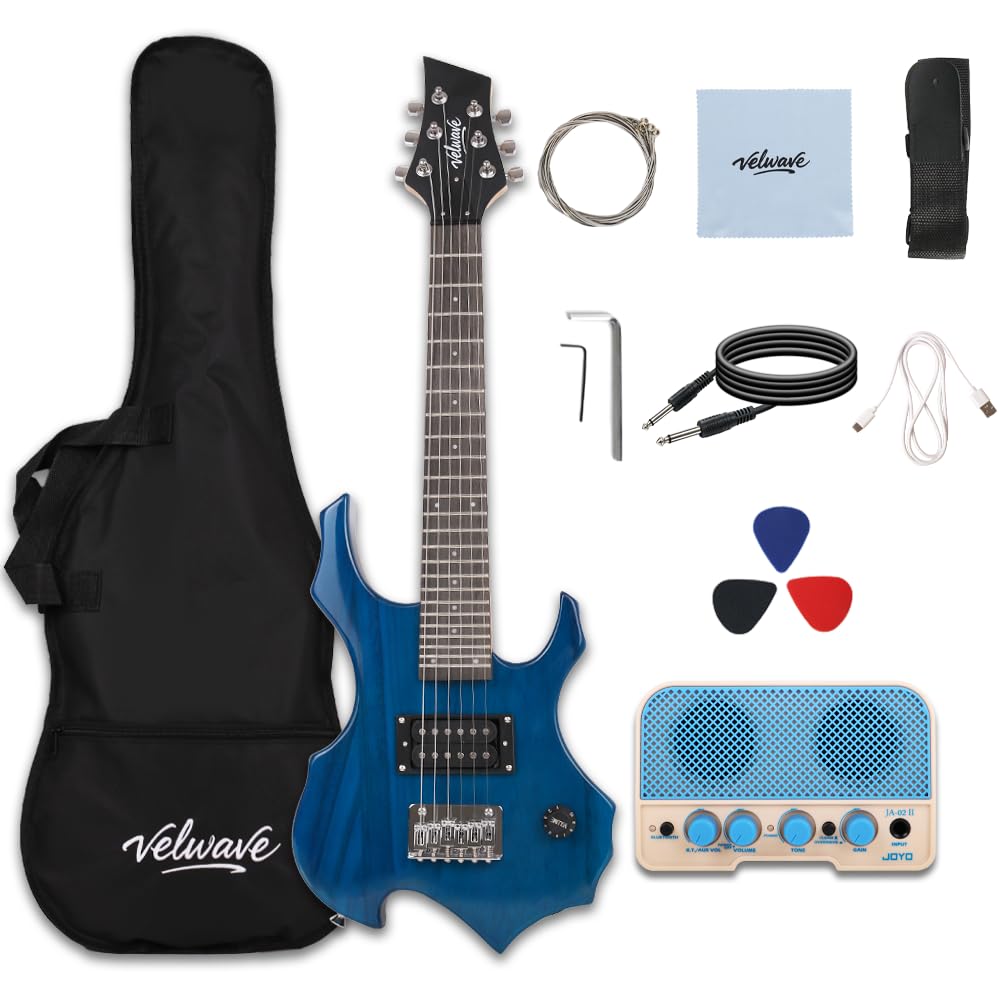 Kit de mini guitarra elétrica Welwave Trans Blue 24F com amplificador Bluetooth portátil recarregável de 5 W Gigbag palhetas de cordas no pacote conjunto de prática (azul trans)