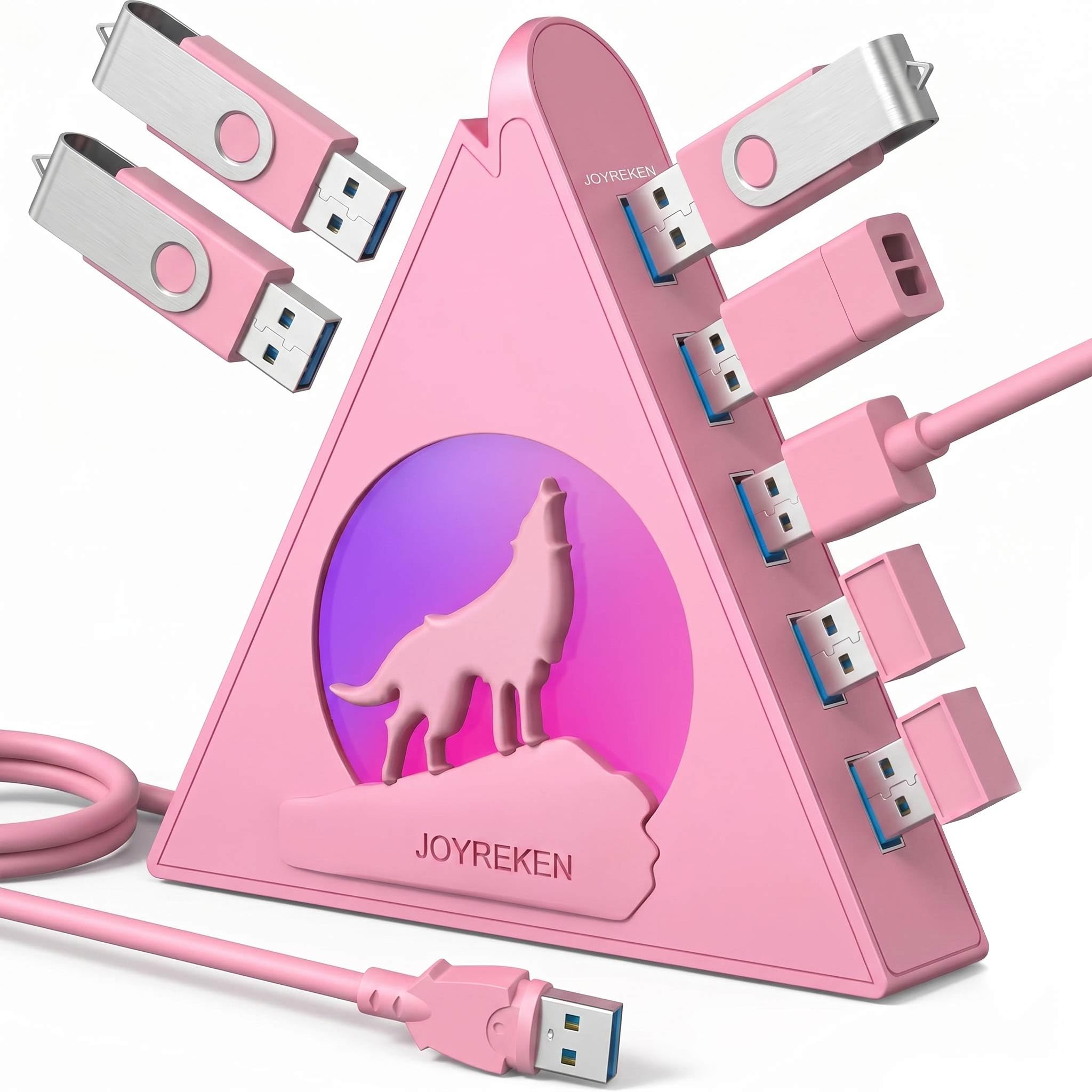 JoyReken Hub USB Howling Wolf - 7 Portas USB 3.0 - Rosa - Plug and Play - Cabo de 1,2 m, para Laptop, PC, Pen Drive, HDD, Console, Impressora, Teclado, Mouse e Mais