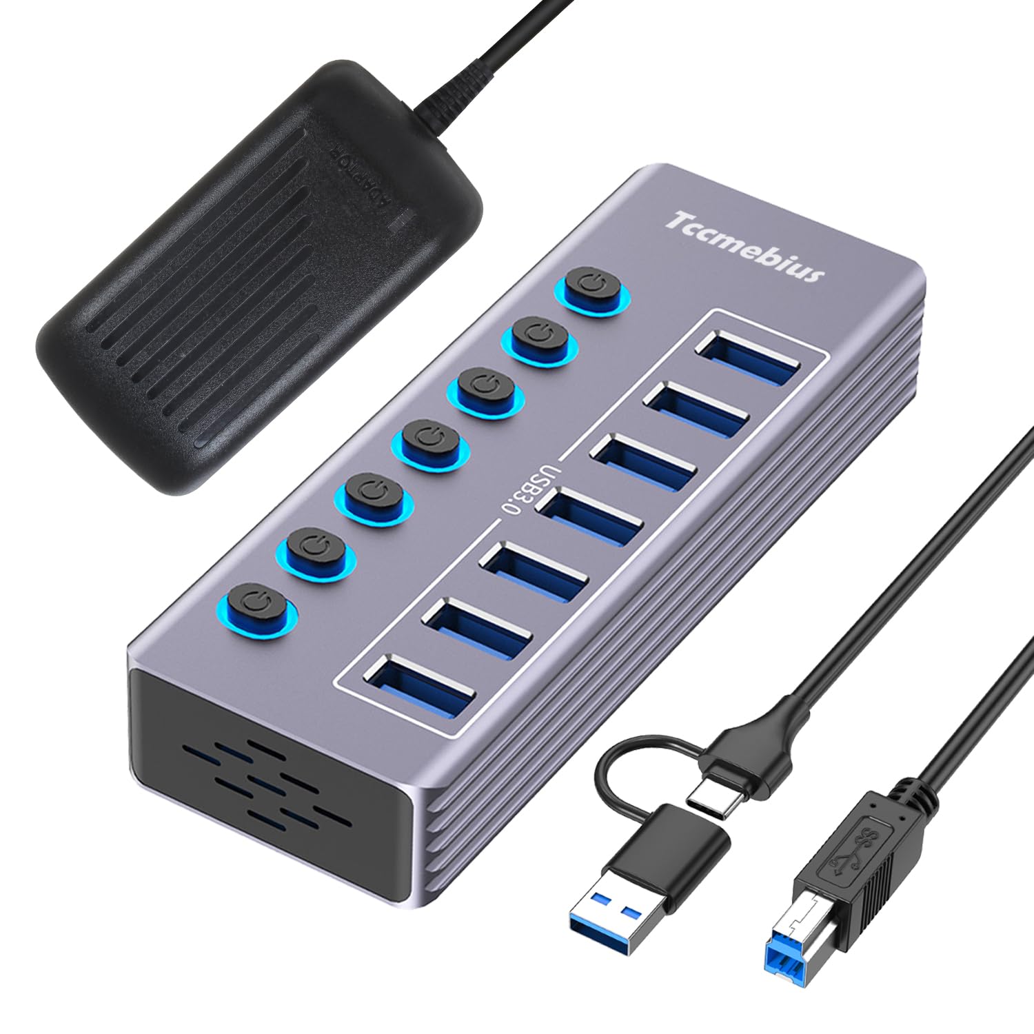 Tccmebius Hub USB alimentado, alumínio hub USB 3.0/USB C de 7 portas 5 Gbps dados com interruptor independente LED, adaptador de corrente de 12 V/3A, cabo de dados 2 em 100 cm, para computador