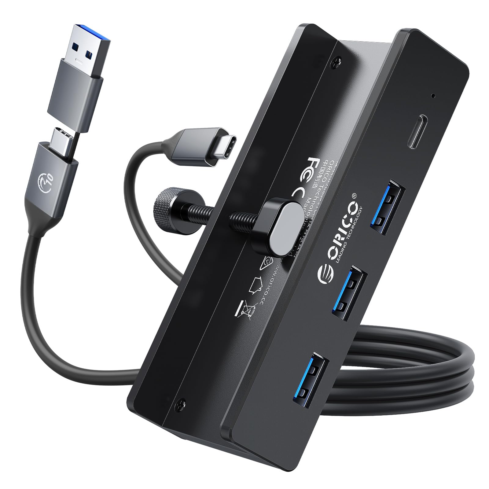 ORICO Hub USB 3.0, hub USB de grampo com porta de fonte de alimentação extra, adaptador USB de 4 portas de alumínio com 3 portas de dados USB-A, porta USB-C para monitores, mesas (preto)