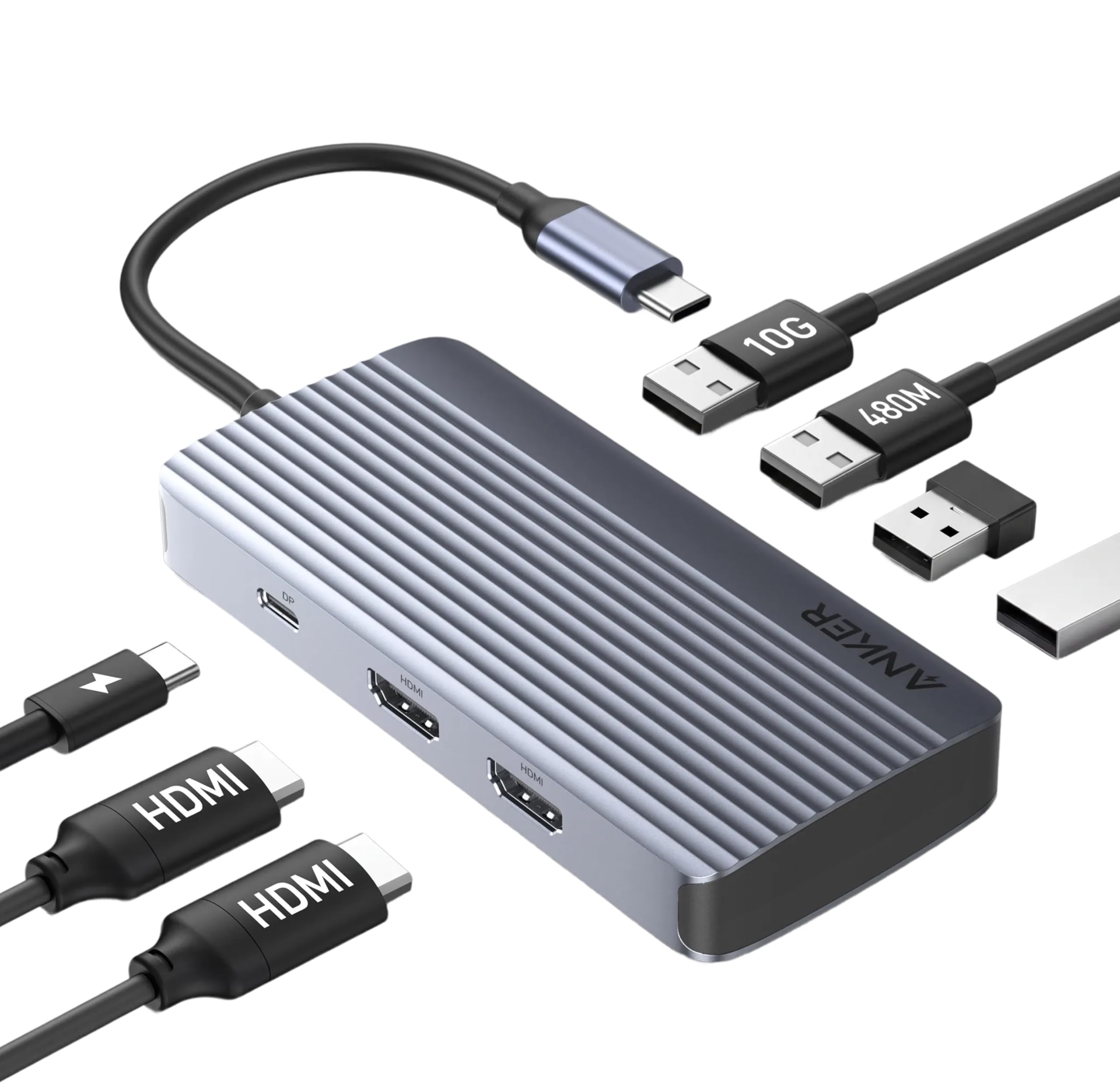 Anker Hub USB-C 7 em 1, Estação de Acoplamento USB-C para Dois Monitores | Dupla Exibição HDMI, Entrega de Energia de 100W, Transferências de Dados de 10Gbps para Dell XPS, ASUS, ACER e mais