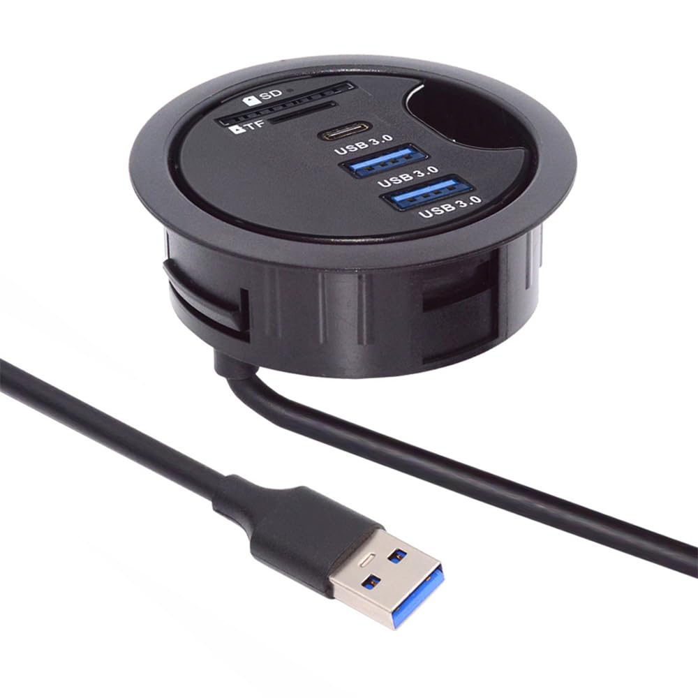 Cablecc Hub USB 3.0 de 2 portas SD TF USB-C divisor USB 60 mm com ilhós para mesa leitor de cartão micro SD para PC de mesa (USB3.0 + USB-C+SD/TF)