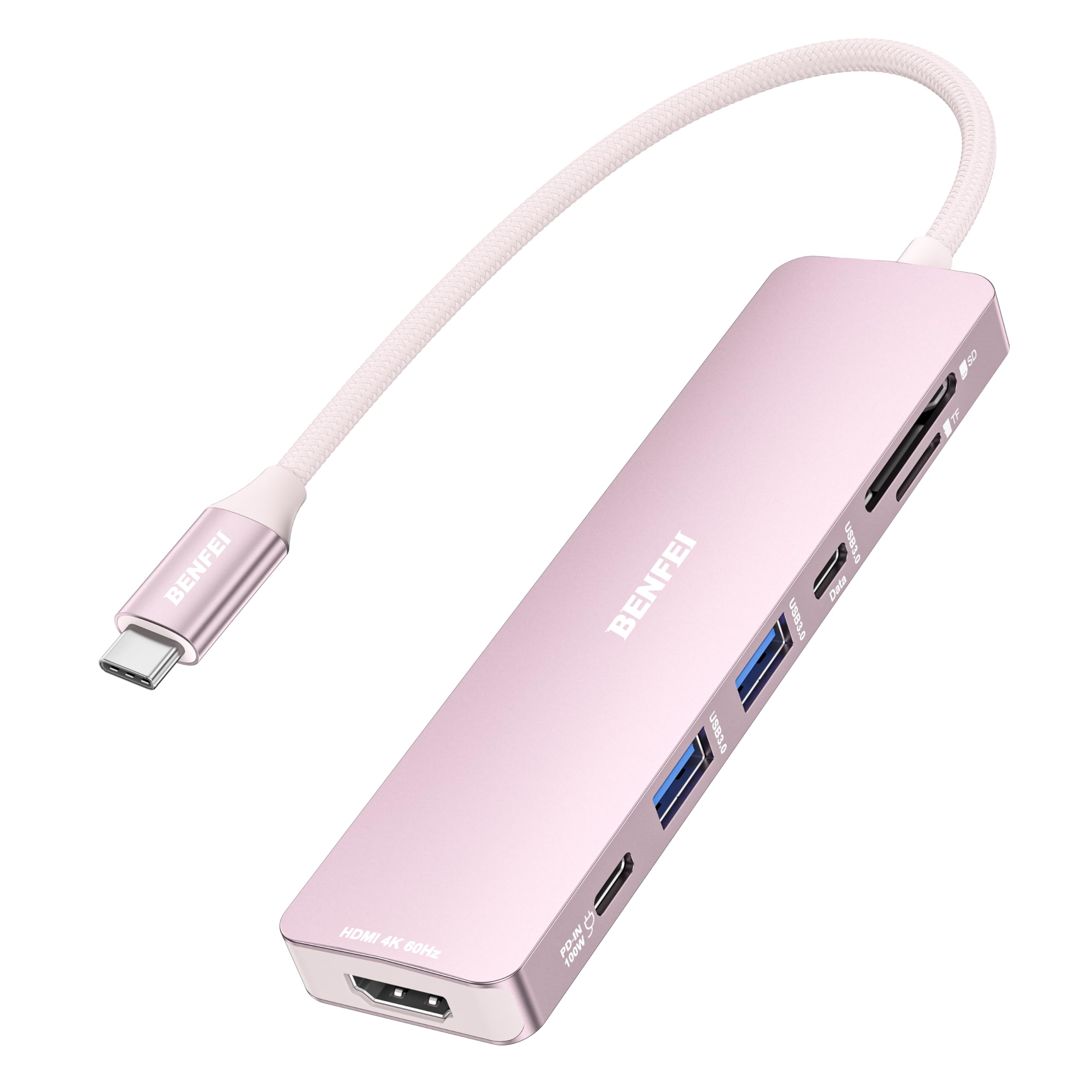 BENFEI Hub USB C 7 em 1 com HDMI (4K a 60Hz), 2 USB-A, 1 dados USB-C, carregamento de 100 W, leitor de cartão SD/TF, cabo de silicone sem emaranhamento compatível com MacBook Pro/Air, iPad Pro, iMac,