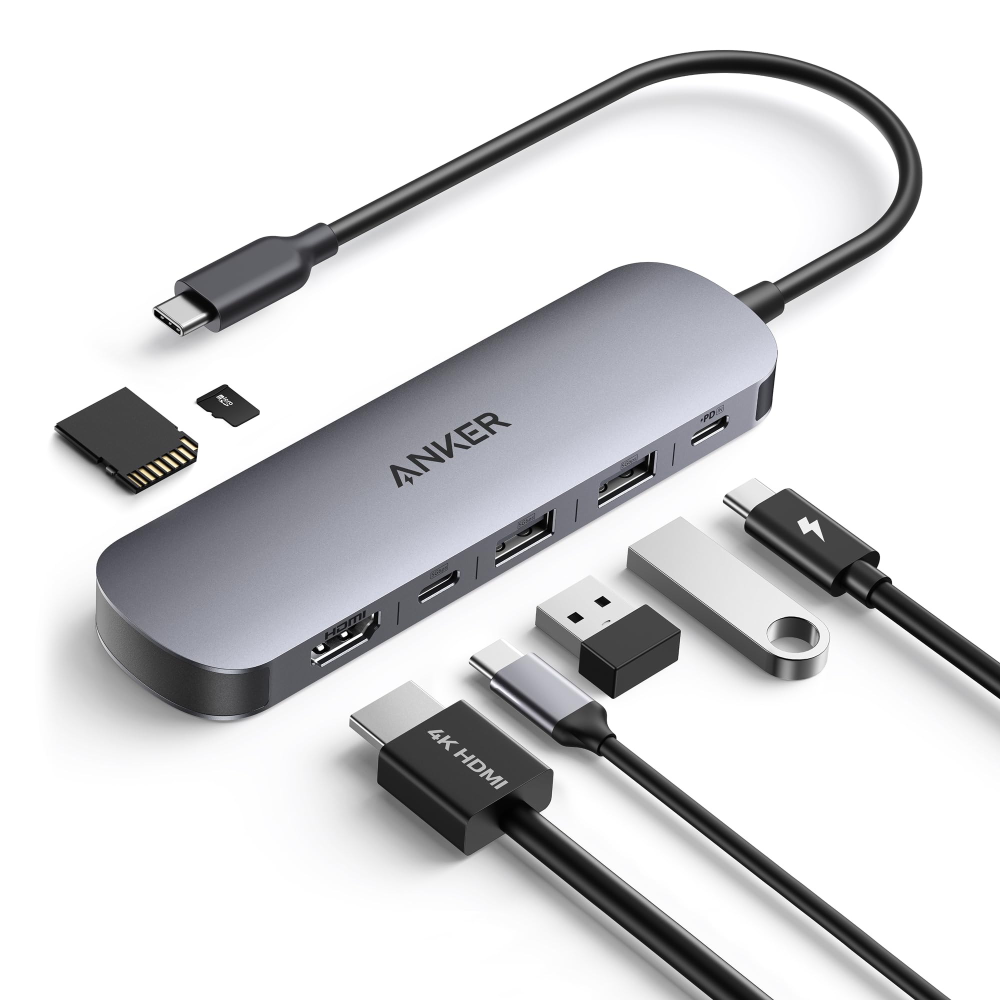 Anker Hub USB-C 7 em 1, HDMI 4K@60Hz, 5Gbps USB-C Thunderbolt e 3*USB 3.0 | Dock Station com 100W PD, SD/MicroSD, Adaptador para Macbook M1/2/3, Laptop Samsung/ASUS/Acer/Lenovo, iPhone 16/17, Android