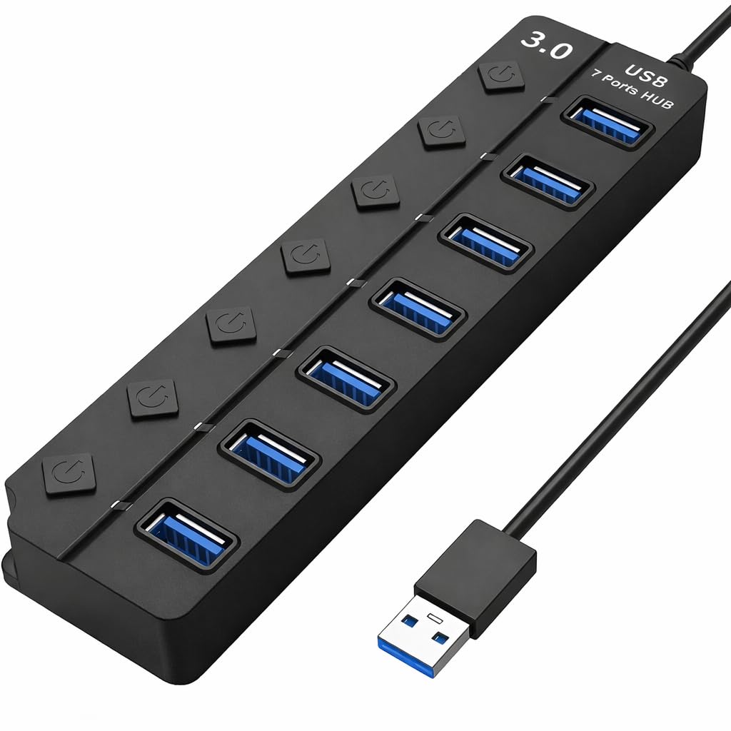 #TDD Hub USB 3.0 Com 7 Portas, Cabo USB Integrado, Botão Liga e Desliga Individual, LED de Sinalização, Conexão de Alta Velocidade (5Gbps), Compatível Com PC, Notebook, TV, Console, Tablet e Video Game