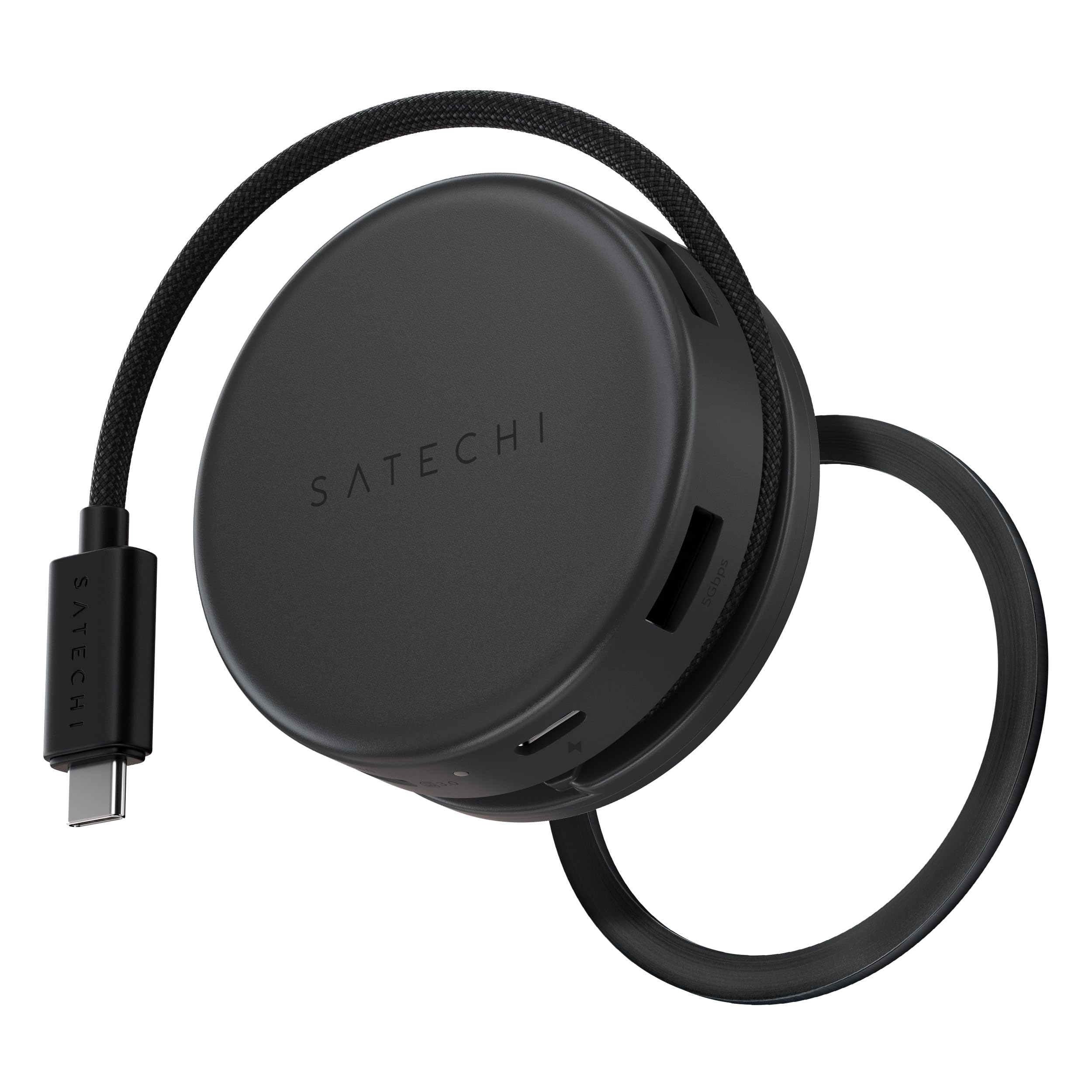 Satechi OntheGo Hub USB-C 7 em 1, adaptador multiportas magnético compacto, 100W PD, HDMI 4K/60Hz, Gigabit Ethernet, 2×USB-A 5Gbps, leitor SD/microSD, cabo enrolado, para Mac e Windows – Preto