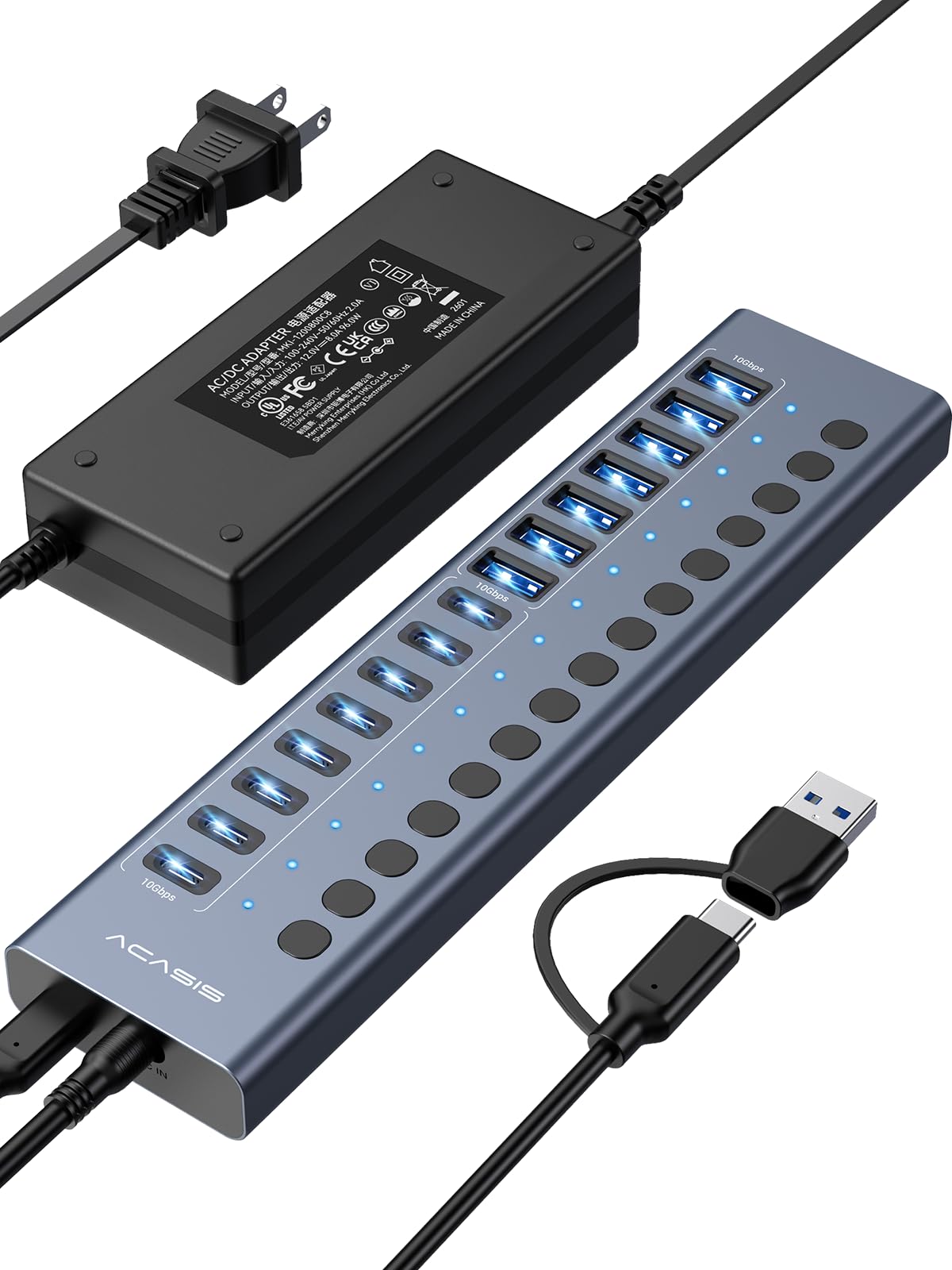 Hub USB 3.2 alimentado, hub ACASIS com 16 portas USB 3.2 (8 portas USB-A 3.2 + 8 portas USB-C 3.2), hub USB de alumínio alimentado com adaptador de alimentação de 96 W, hub USB para PC/laptop