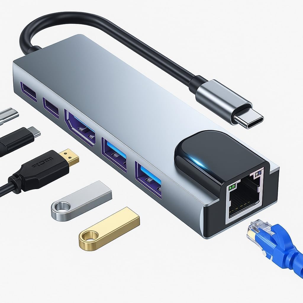 Adaptador Hub USB-C Multiportas 6 em 1, HDMI 4K, USB 3.0, USB 2.0, USB-C PD 100W – Tipo C - Rj45 Rede LAN 100Mbps para Notebook, MacBook,Compacto, Alta Velocidade, Multiportas - Lene (Hub 6 em 1)