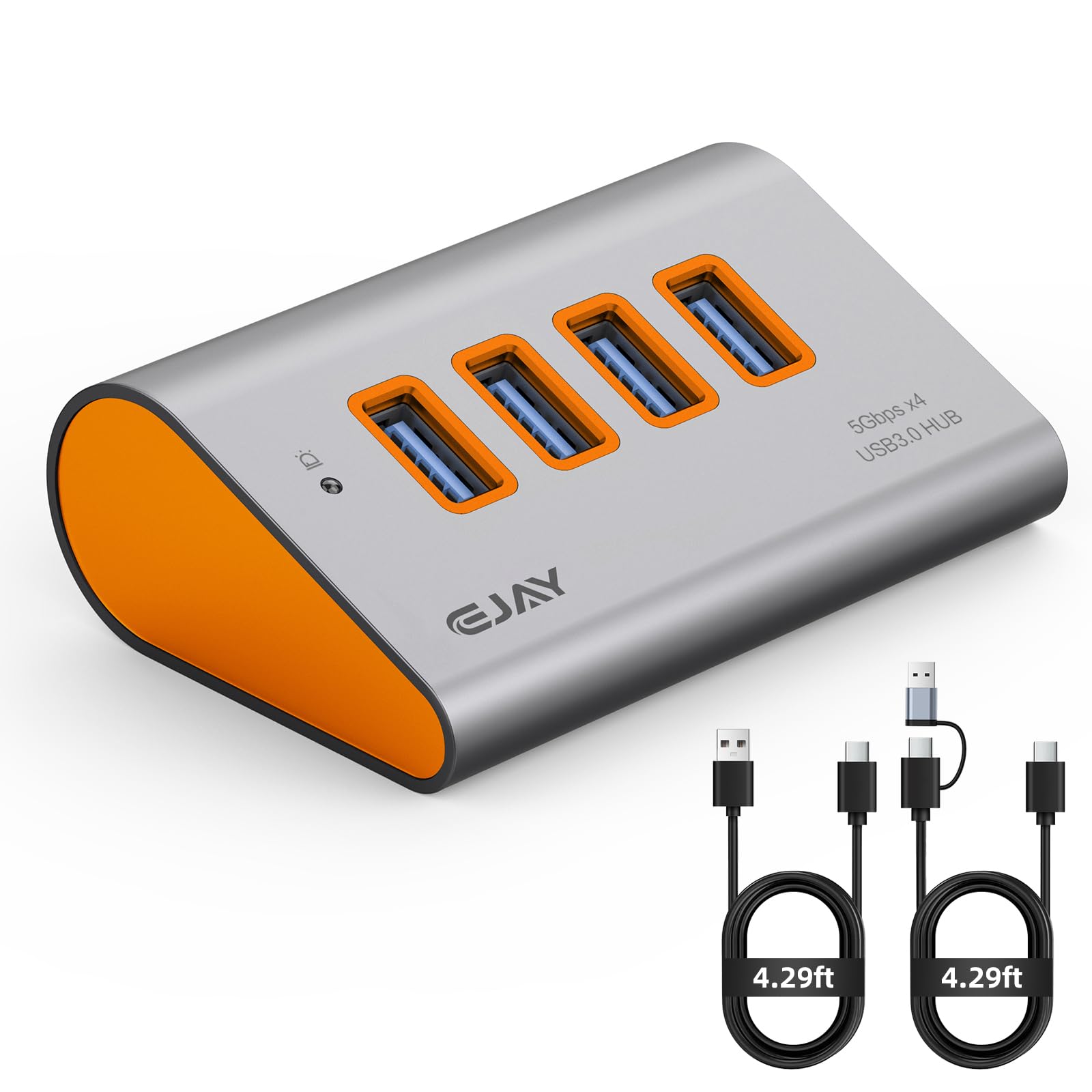 EJAY Hub USB 3.0 de 4 portas com porta de alimentação de 5 V tipo C, divisor de dados USB de alumínio de 5 Gbps para mesas de jogos e configurações de PC, extensor angular ergonômico de 23° com cabos