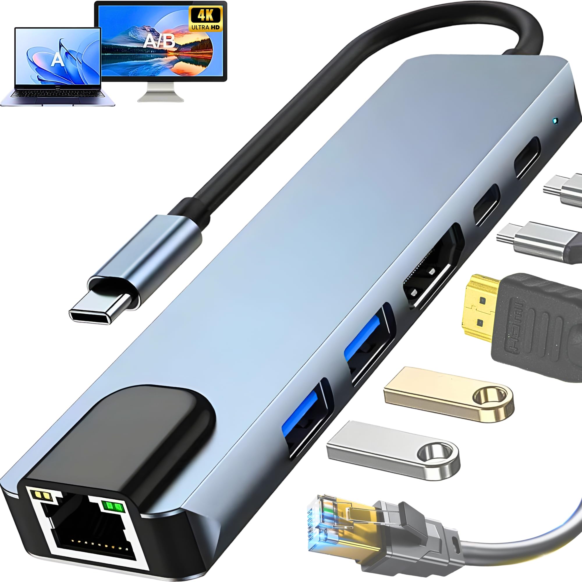 Hub USB-C 3.0 Extensor Adaptador 6 em 1 - RJ45 Ethernet (Rede Lan), HDMI 4K, USB 3.0, USB 2.0, USB-C, PD 100W - Para Notebook, Macbook, Ipad, Dock Station, Dex, Raspberry - Compacto em Alumínio