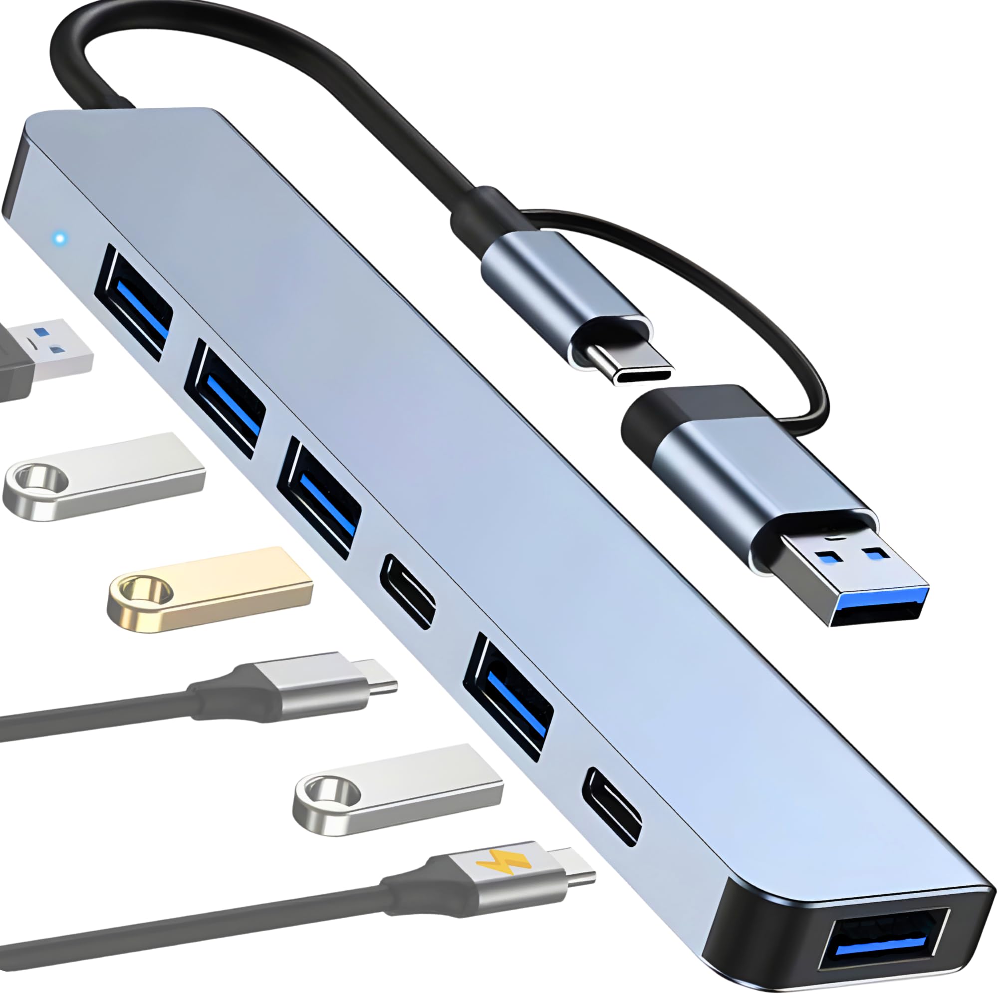 Hub USB-C 3.0 Extensor 7 em 2 com Adaptador USB-A - USB 3.0, USB 2.0, USB-C, PD 100W - Compatível com Notebook, Macbook, Ipad, Dock Station, Dex, Raspberry - Compacto em Alumínio, Cabo Preto