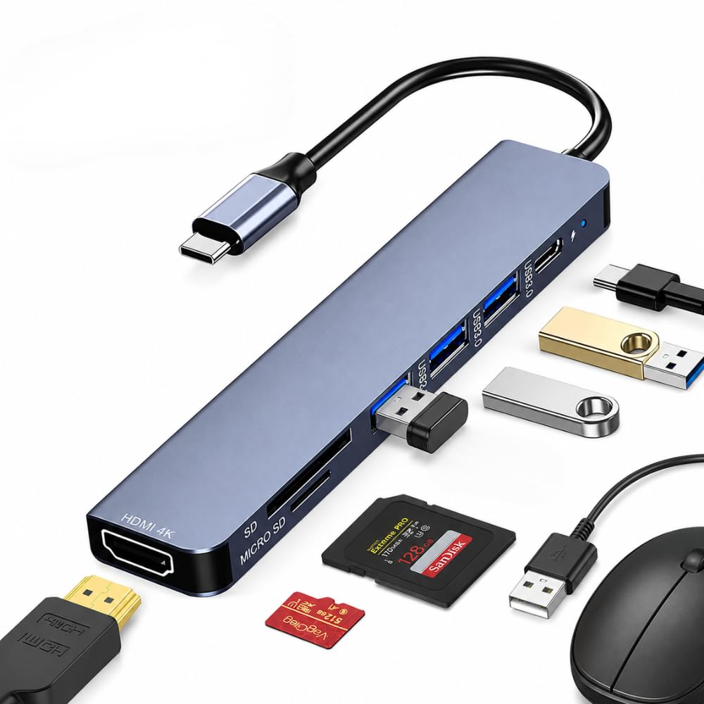 Hub USB-C 7 em 1 | HDMI 4K 60Hz | PD 100W | USB 3.0 e 2.0 | Leitor SD e MicroSD | Alumínio | Plug & Play | Para MacBook, Notebook e iPad