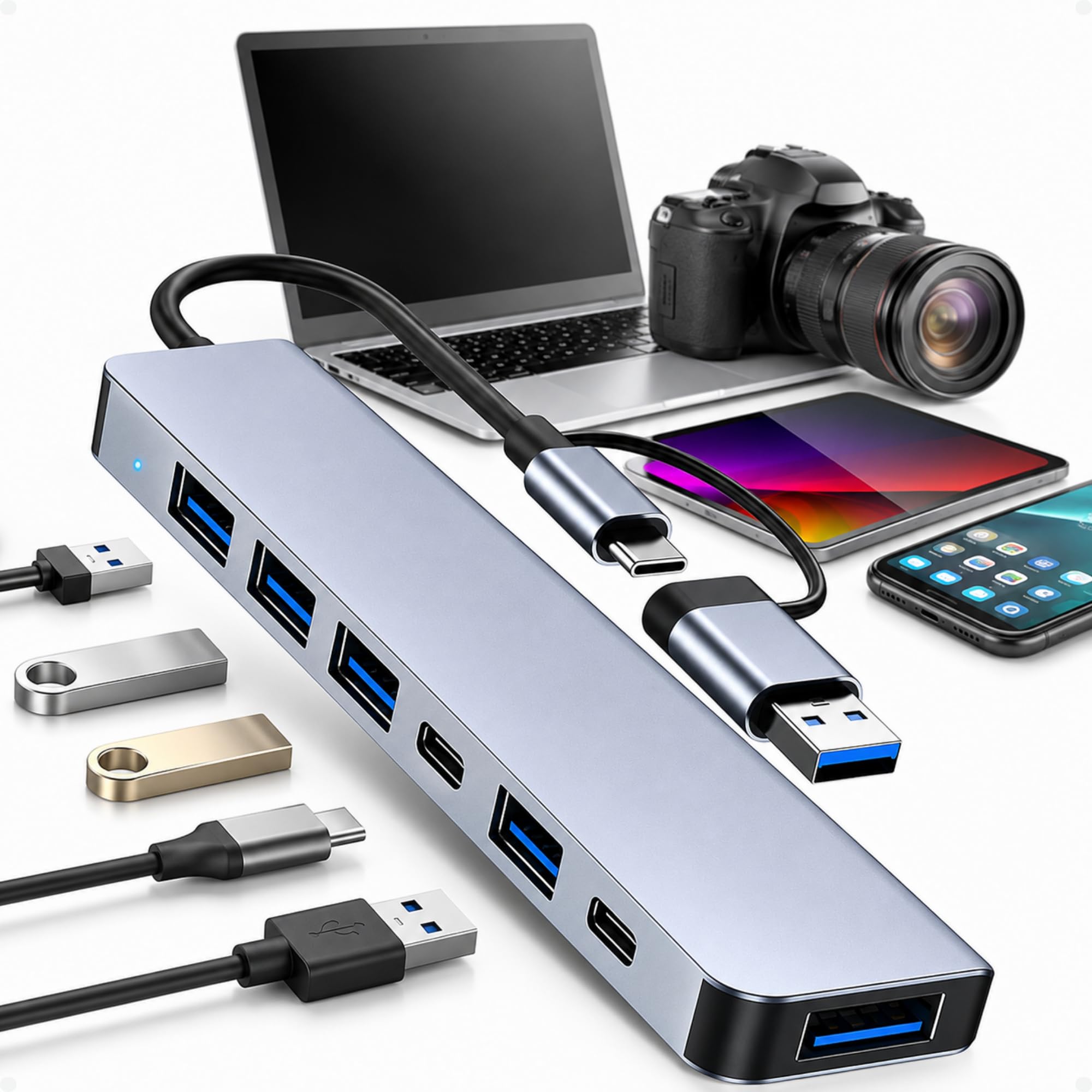 Adaptador Hub USB 7 em 2, Alumínio Compacto, com USB 3.0, USB 2.0, USB-C e PD 100W, Extensor compatível com Macbook, iPad, Notebook, Dock Station, Dex, Raspberry (7 in 2 USB-C)