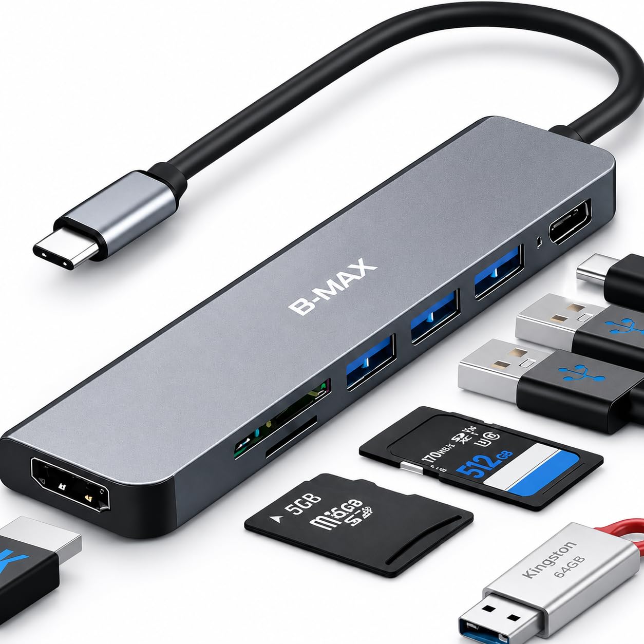 Adaptador Hub USB-C 7 em 1 com HDMI 4K 60Hz, 4 Portas USB 3.0, Leitor SD e MicroSD, USB-C PD 100W, Adaptador Multiportas para Notebook, MacBook, Tablet e Celular
