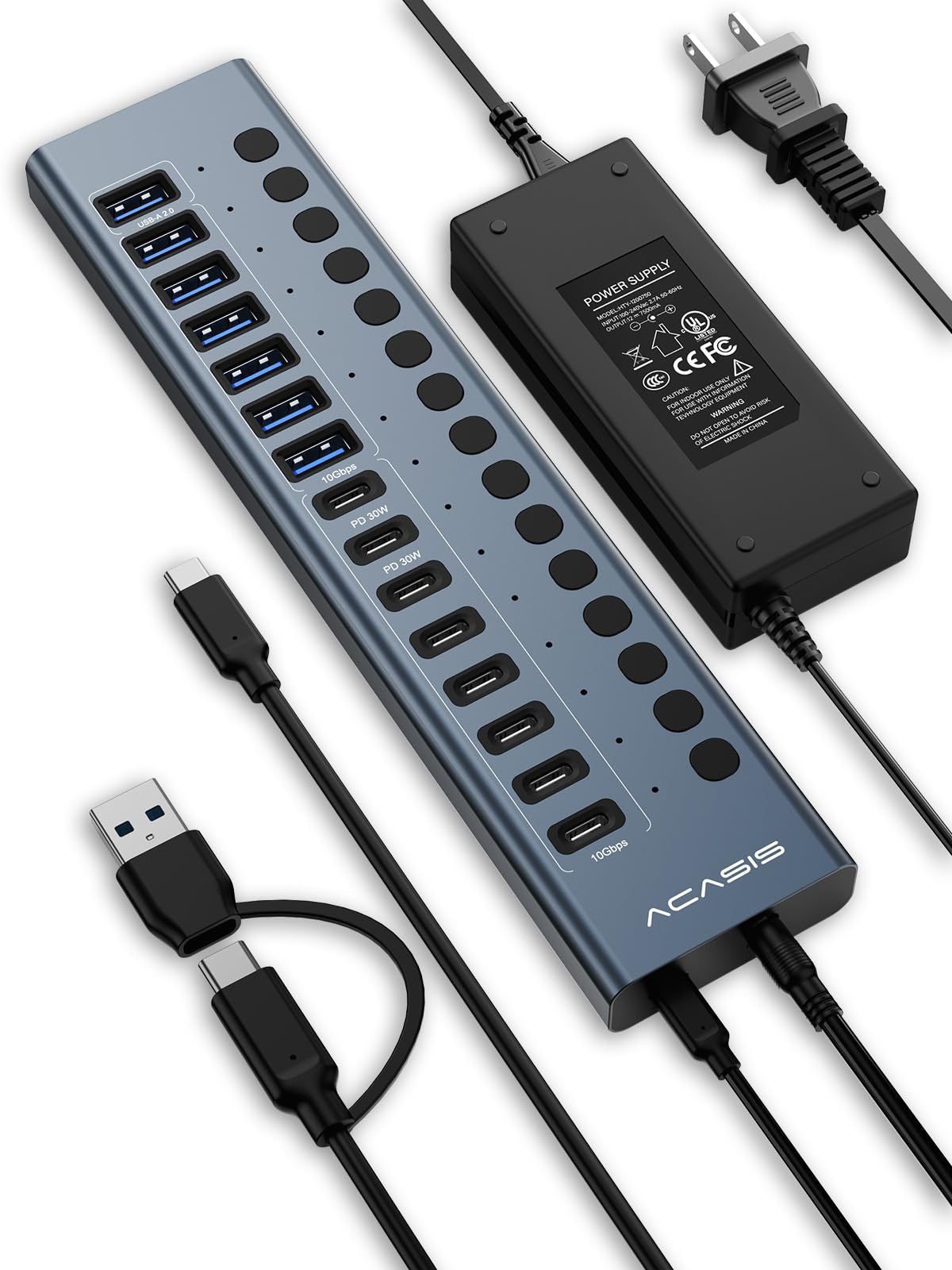 ACASIS Hub USB C alimentado, hub USB 3.2 16 em 1 10 Gbps, 6 USB-A 3.2 + 2 USB-A 2.0 + 8 portas USB-C 3.2, adaptador USB-C duplo PD 30W, cabo de 150 W, cabo de 9 m, hub USB de alumínio para PC, laptop
