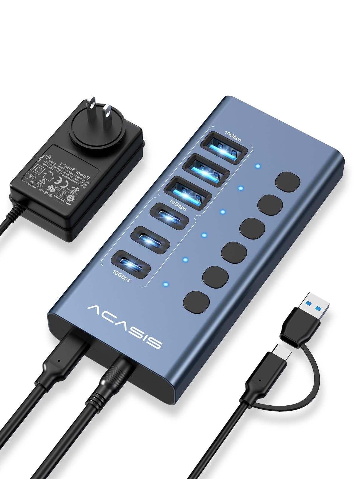 Hub USB 3.2 alimentado, hub ACASIS 6 portas USB 3.2 (3 portas USB-A 3.2 + 3 portas USB-C 3.2), hub USB de alumínio alimentado com adaptador de alimentação de 48 W, hub USB para PC/laptop, computador