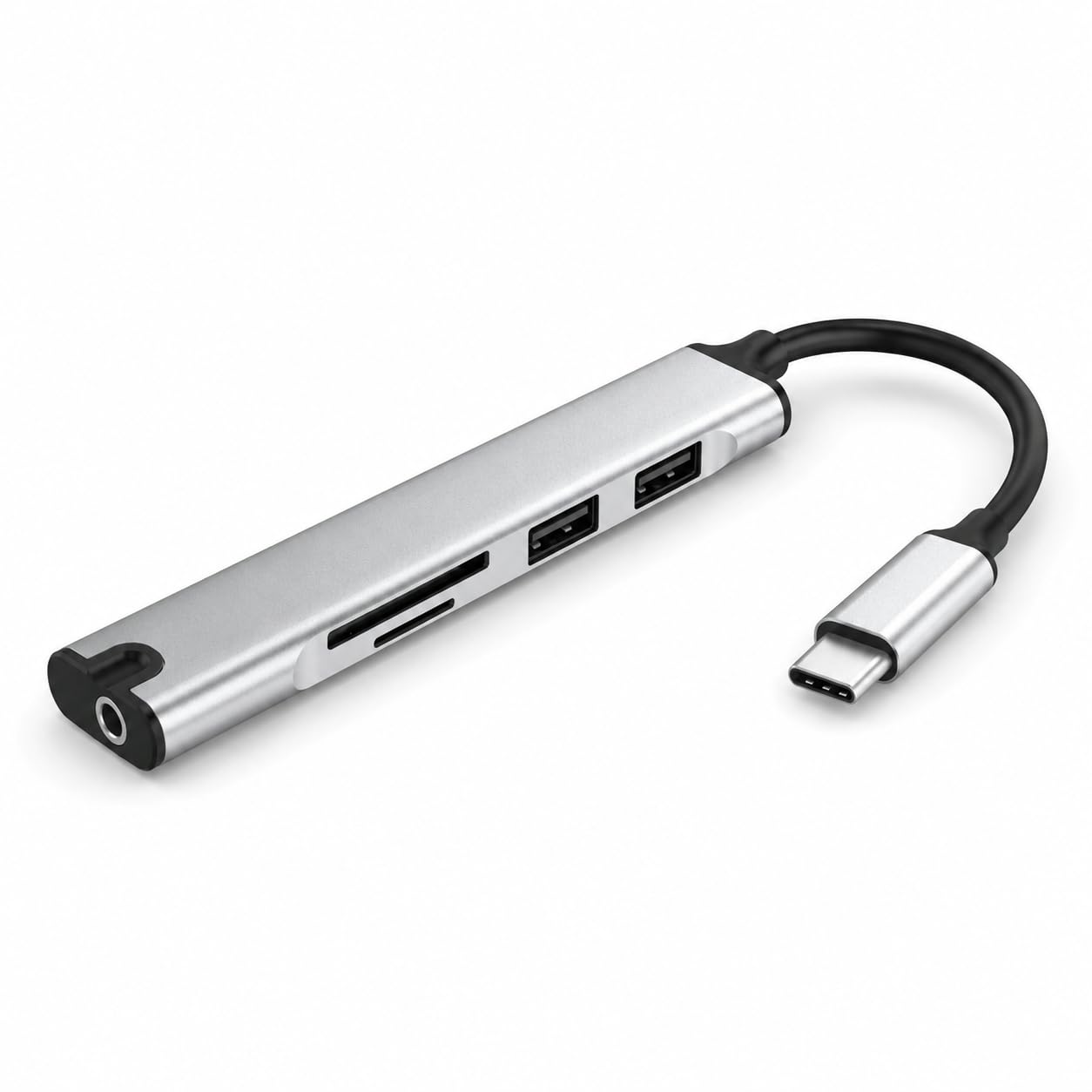 Hub USB-C 5 em 1 OTG com 2 Portas USB 2.0, Leitor SD e MicroSD/TF, Entrada P2 3,5 mm, Adaptador Portátil para Notebook, Tablet e Celular