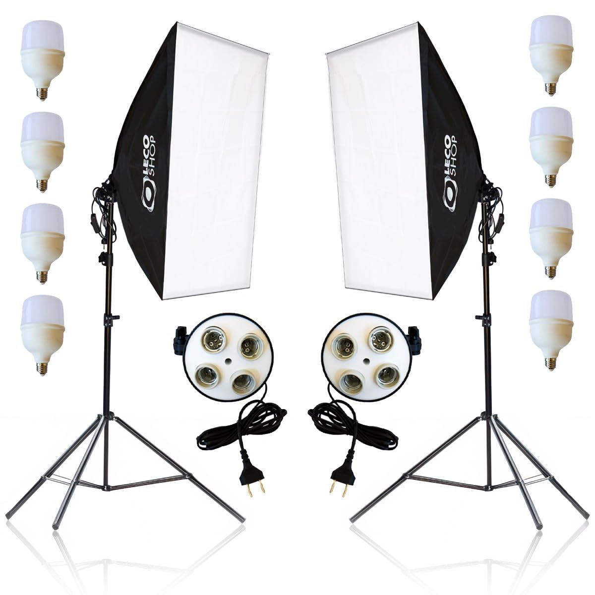 LECO SHOP Kit 2 Softbox Fotográfico 50x70cm com 8 Lâmpadas LED 20W e 2 Tripés Ajustáveis 2m – Iluminação Contínua Profissional para Estúdio, Vídeo, Live e Fotografia