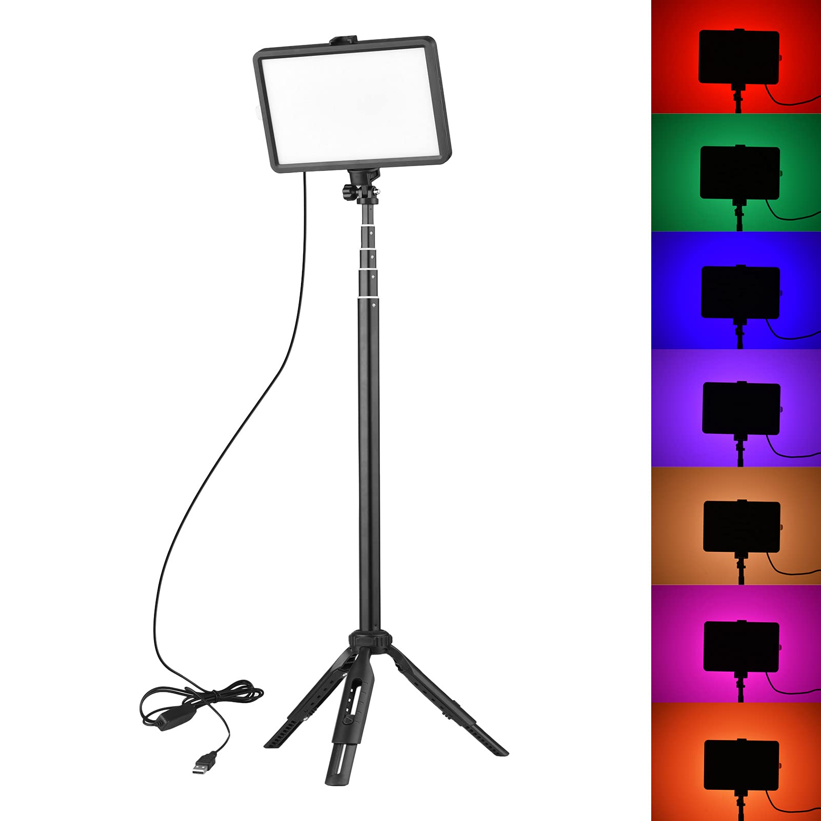 Kit De Iluminação RGB Portátil 195 Leds Tripé 148cm Para Vídeo Chamada | 10 níveis, 7 cores, cabo USB incluso, alimentação 5V, tripé destacável, minitripé 10,5cm, para live, para office