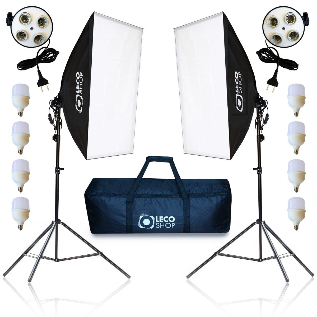 LECO SHOP Estilo Box Kit 2 Softbox Quadruplo 50x70cm com 8 Lâmpadas + 2 Tripés 2m + Bolsa de Transporte – Iluminação Contínua Profissional para Estúdio Fotografia, Vídeo, YouTube, Lives e Maquiagem