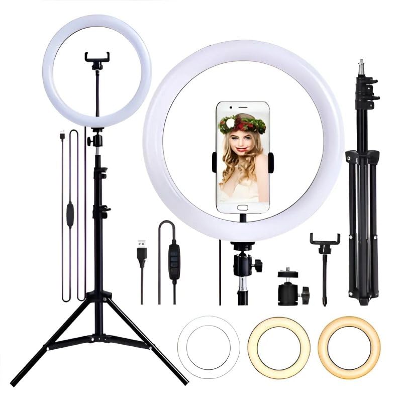 Ring Light 10 Polegadas 26cm LED com Tripé 2,1m Ajustável 3 Tonalidades de Luz Iluminação Profissional para Maquiagem, Vídeos, Lives e Fotografia.