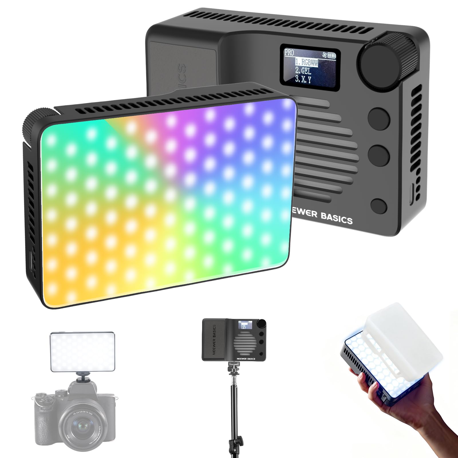 NEEWER BASICS BS40C Luz de vídeo magnética Full RGB para câmera, modo boost de 45 W, painel de iluminação LED pequeno 4800lx/0,5 m CRI95+ 2500-10000K 14 cenas 5000 mAh para tripé DSLR Streaming