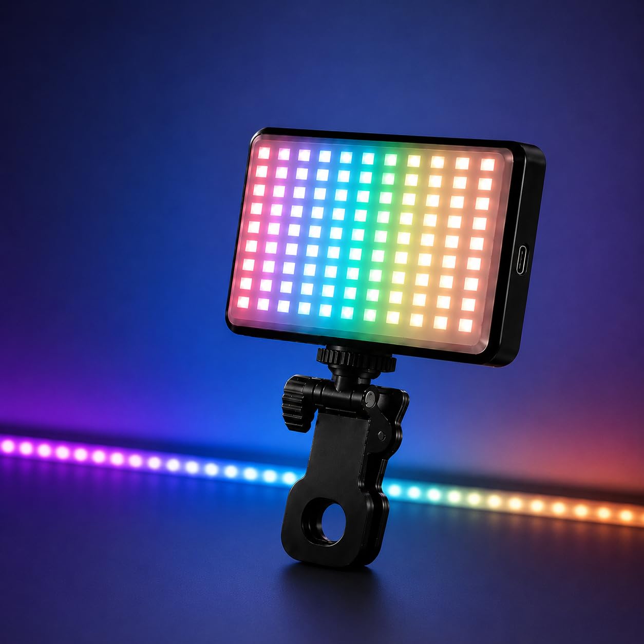 Luz LED RGB Portátil para Vídeos Recarregável USB-C Iluminação Profissional Ideal para Selfie Ring Light Profissional Ajustável para Celular Notebook Câmera Tablet Lives Streaming