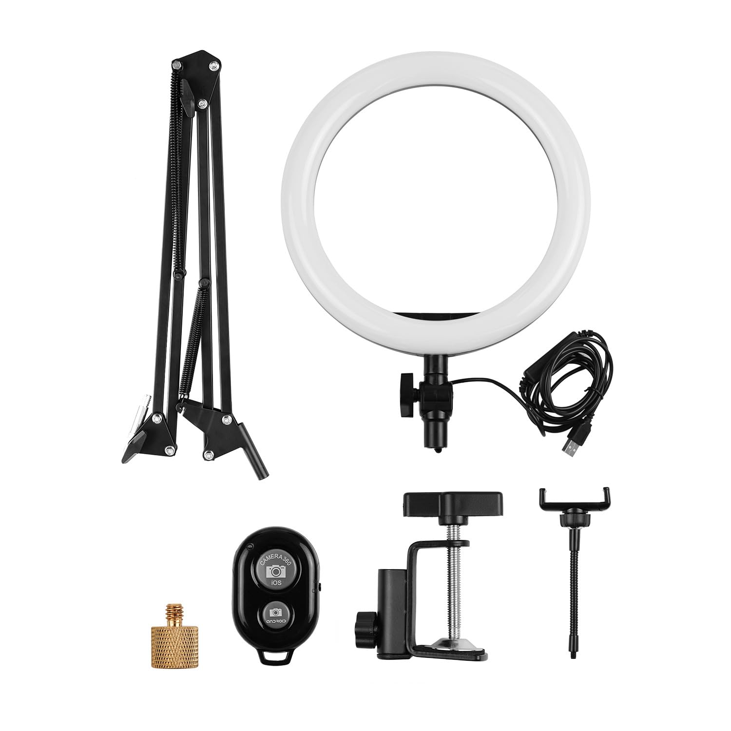 Anel De Luz Led 26cm Com Tripé Articulado Kit Iluminação Para Streaming | Controle USB, 270g, Braço Articulado, Disparador Remoto, Grampo 5cm, 20.5cm Interno, 2m Cabo