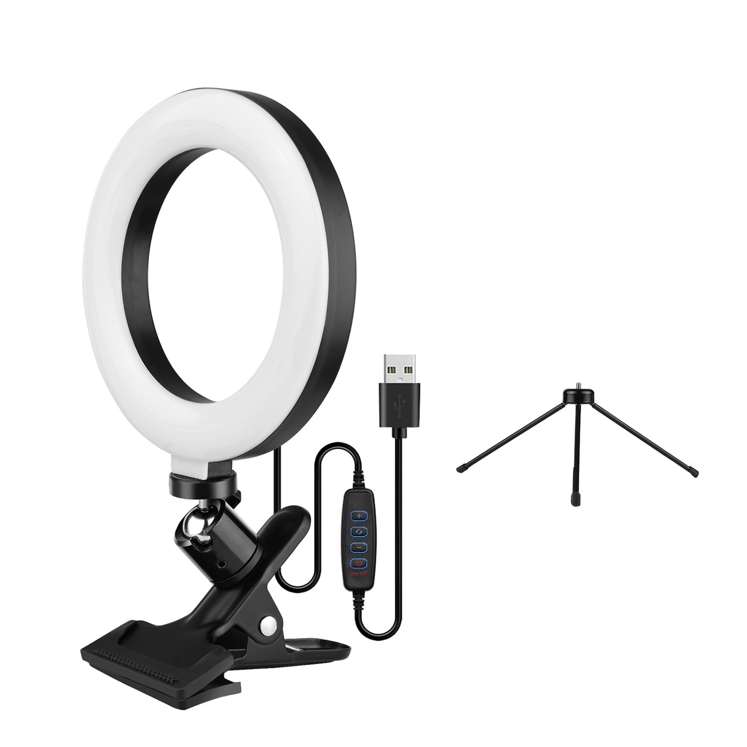 Anel De Luz Led 3 Cores 11 Níveis Com Tripé E Grampo Para Live Streaming | USB, Portátil, IRC 85, 48 LEDs, Polipropileno, Alumínio, 360°, 15W, Diâmetro 16 cm