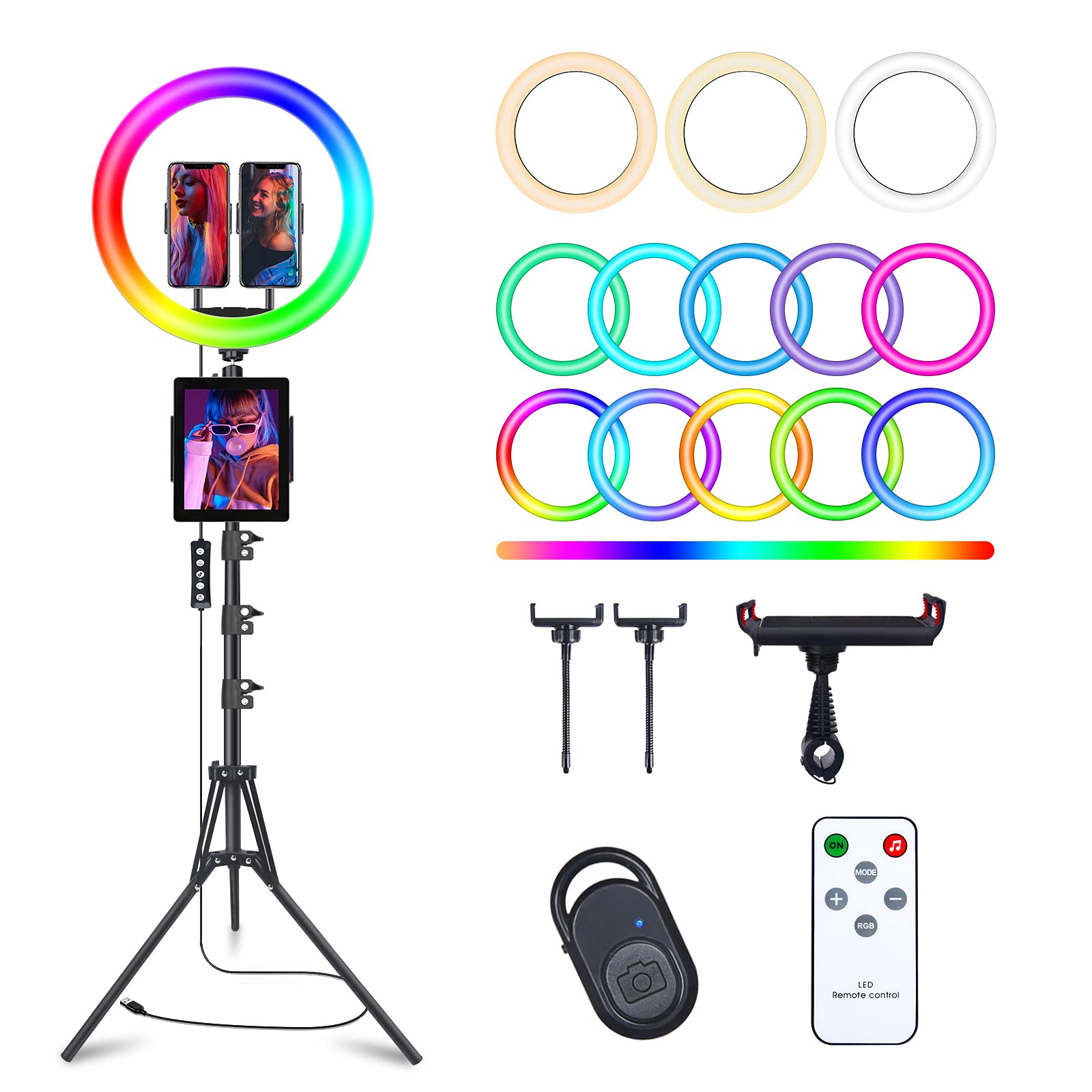 Herrfilk Anel de luz de selfie de 33 cm com suporte de tripé de 193 cm e 3 suportes de telefone, luz de LED para câmera com 48 modos de cores RGB e modo de ritmo musical e 12 brilhos reguláveis para maquiagem