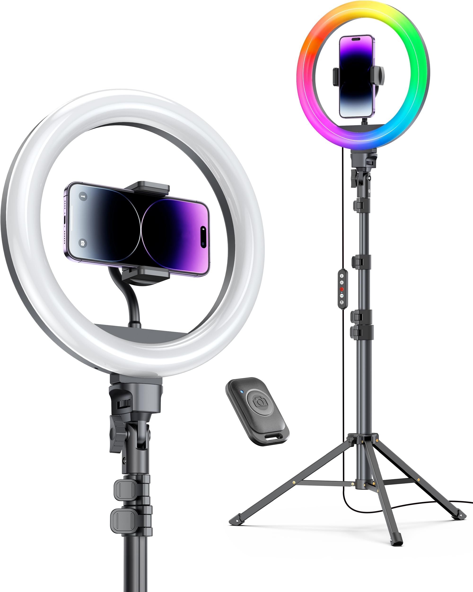 Ring light Weilisi de 30 cm com suporte de 182 cm de altura e 2 suportes de telefone, luz de selfie com 38 modos de cores com tripé, LED grande, para iPhone/Android/câmera, YouTube, maquiagem
