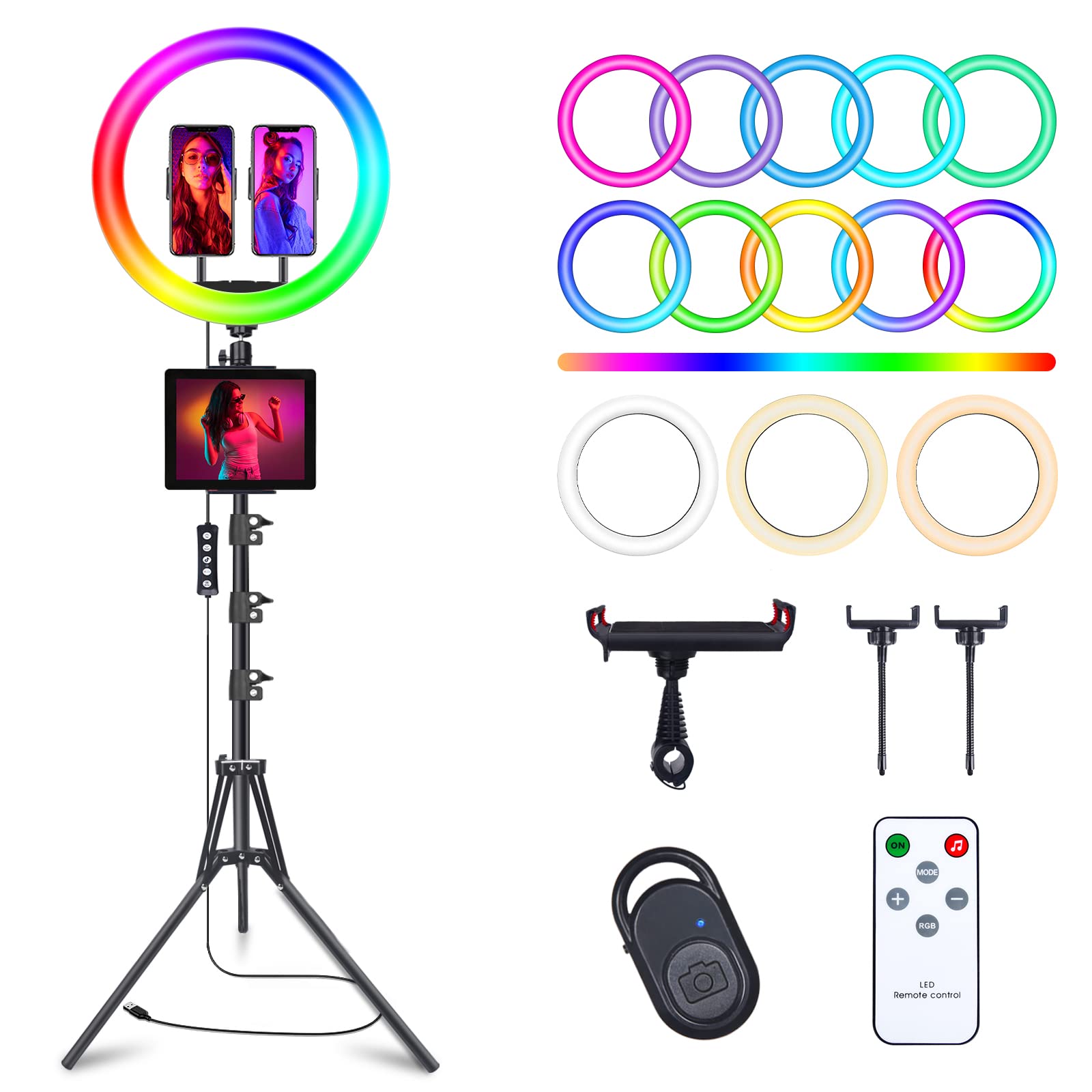 Anel de luz de selfie de 30 cm com suporte de tripé de 160 cm e 3 suportes de telefone, luz de LED para câmera com 48 modos de cores RGB e modo de ritmo musical e 12 brilhos reguláveis para
