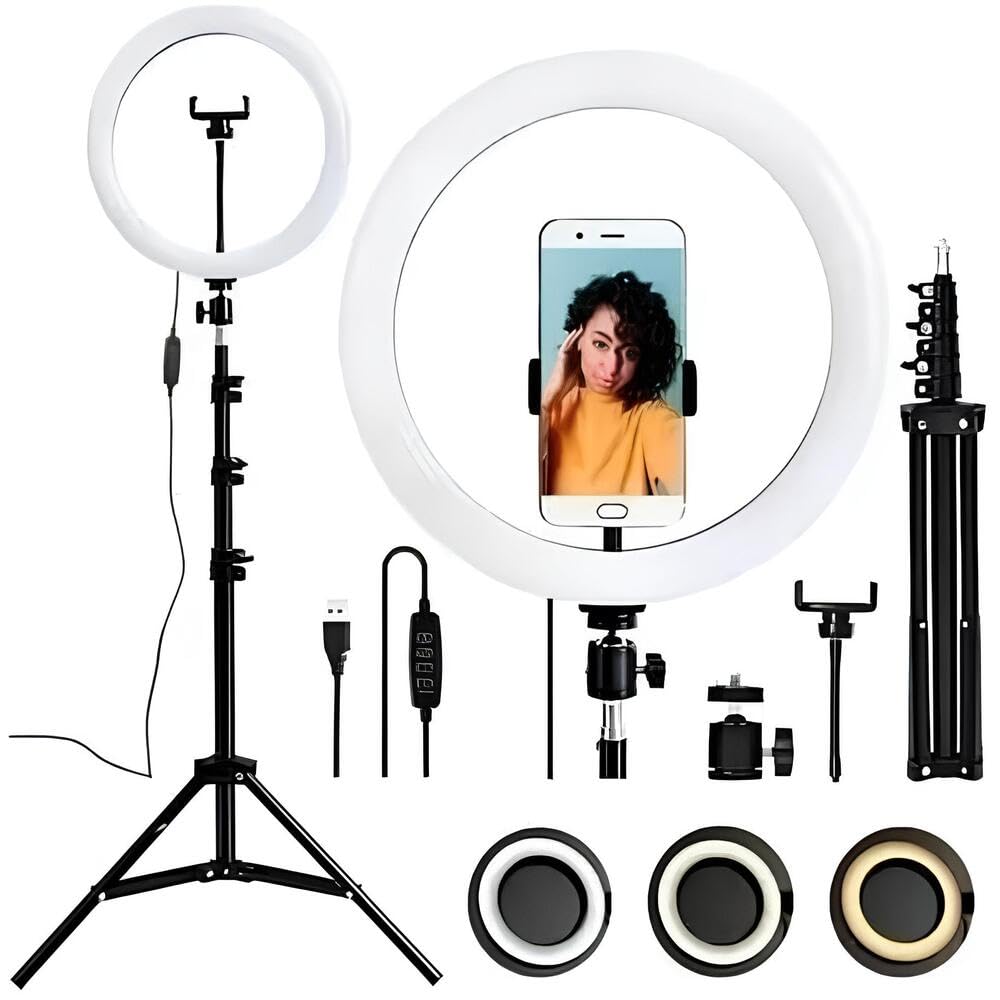 Kit Completo Iluminador Ring Light 12 Polegadas, 30 cm, com Tripé e Dimmer para Gravação Profissional - Anel de Led com Três Tonalidades de Luz